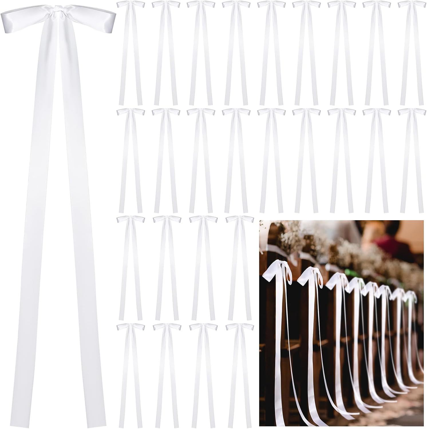 24 Pcs Large Wedding Ribbon Bows with Long Tails 10 x 36 Inch Aisle Decor On Chairs Background for Bridal Shower Reception Ceremony White White -