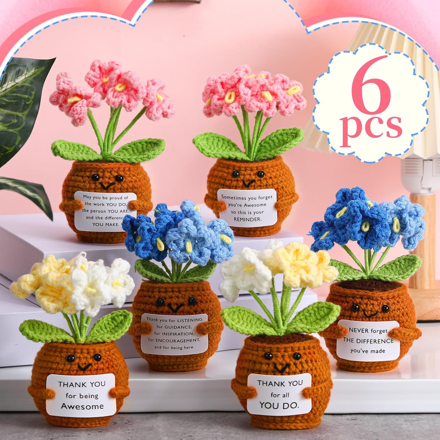 6 Pcs Employee Appreciation Gifts Bulk for Team Coworkers Thank You Positive Handmade Crochet Doll with Inspirational Card Staff Women Men Office Forget Me Not -
