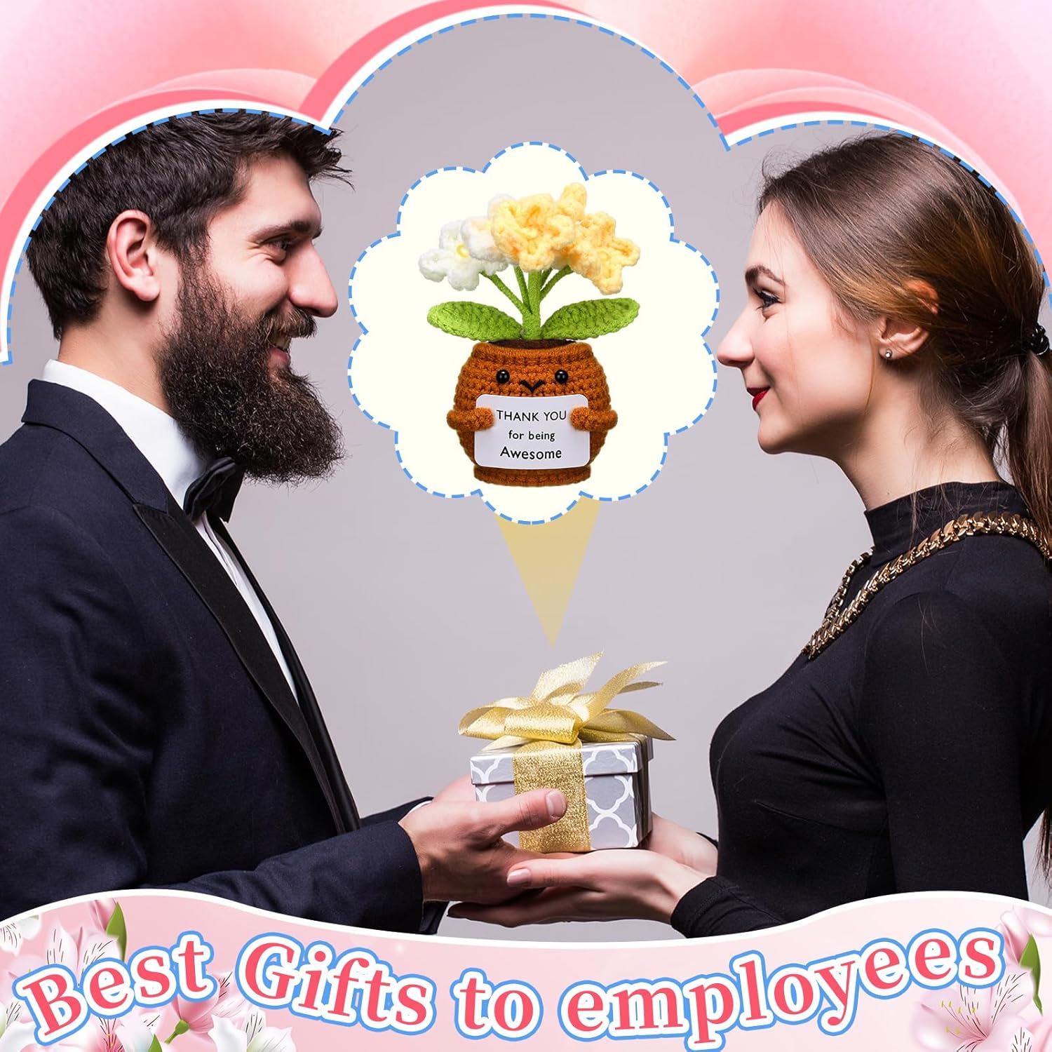 6 Pcs Employee Appreciation Gifts Bulk for Team Coworkers Thank You Positive Handmade Crochet Doll with Inspirational Card Staff Women Men Office Forget Me Not -