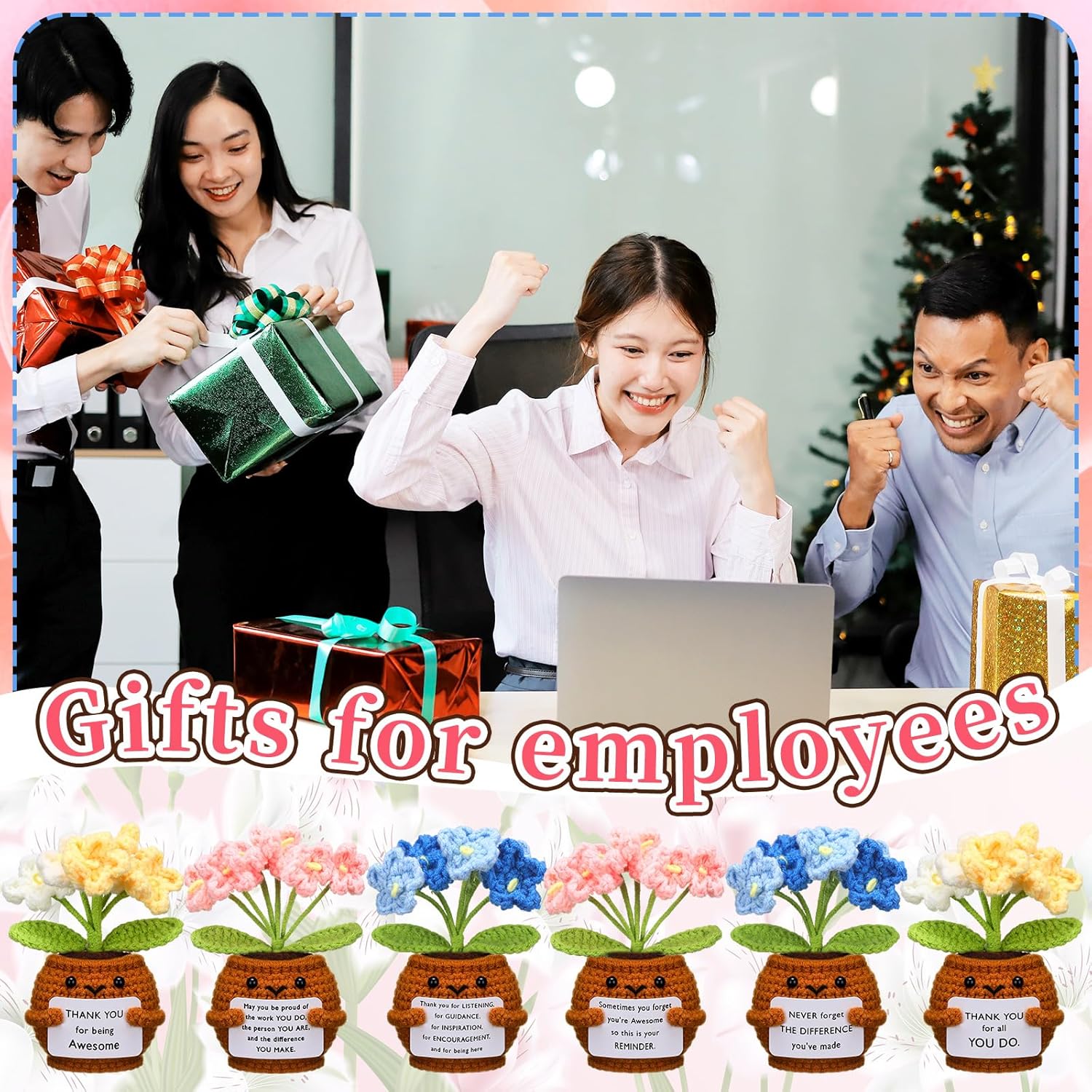 6 Pcs Employee Appreciation Gifts Bulk for Team Coworkers Thank You Positive Handmade Crochet Doll with Inspirational Card Staff Women Men Office Forget Me Not -