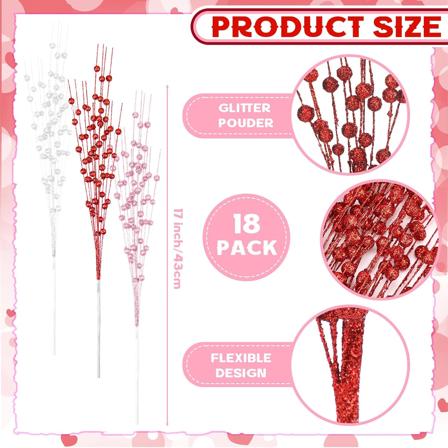 18 Pcs Mother's Day Decoration Valentines Floral Picks Tree Decorations 17 Inch Red and Pink Glitter Berry Spray Christmas Decor for Wreaths Centerpieces Wedding Anniversary -