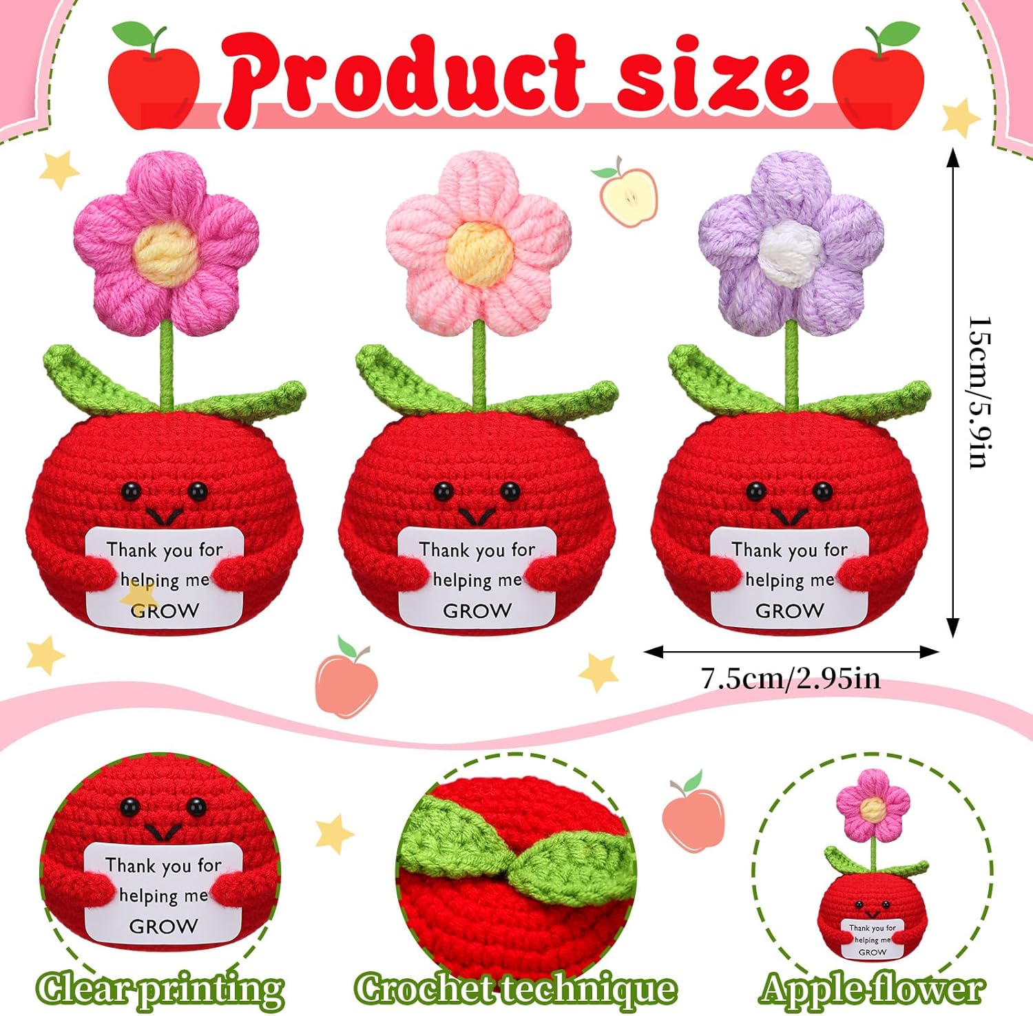 3 Pcs Teacher Appreciation Gifts Easter Gift Positive Flower Handmade Crochet Doll Thank You for Helping Me Grow Teachers Week Apple -
