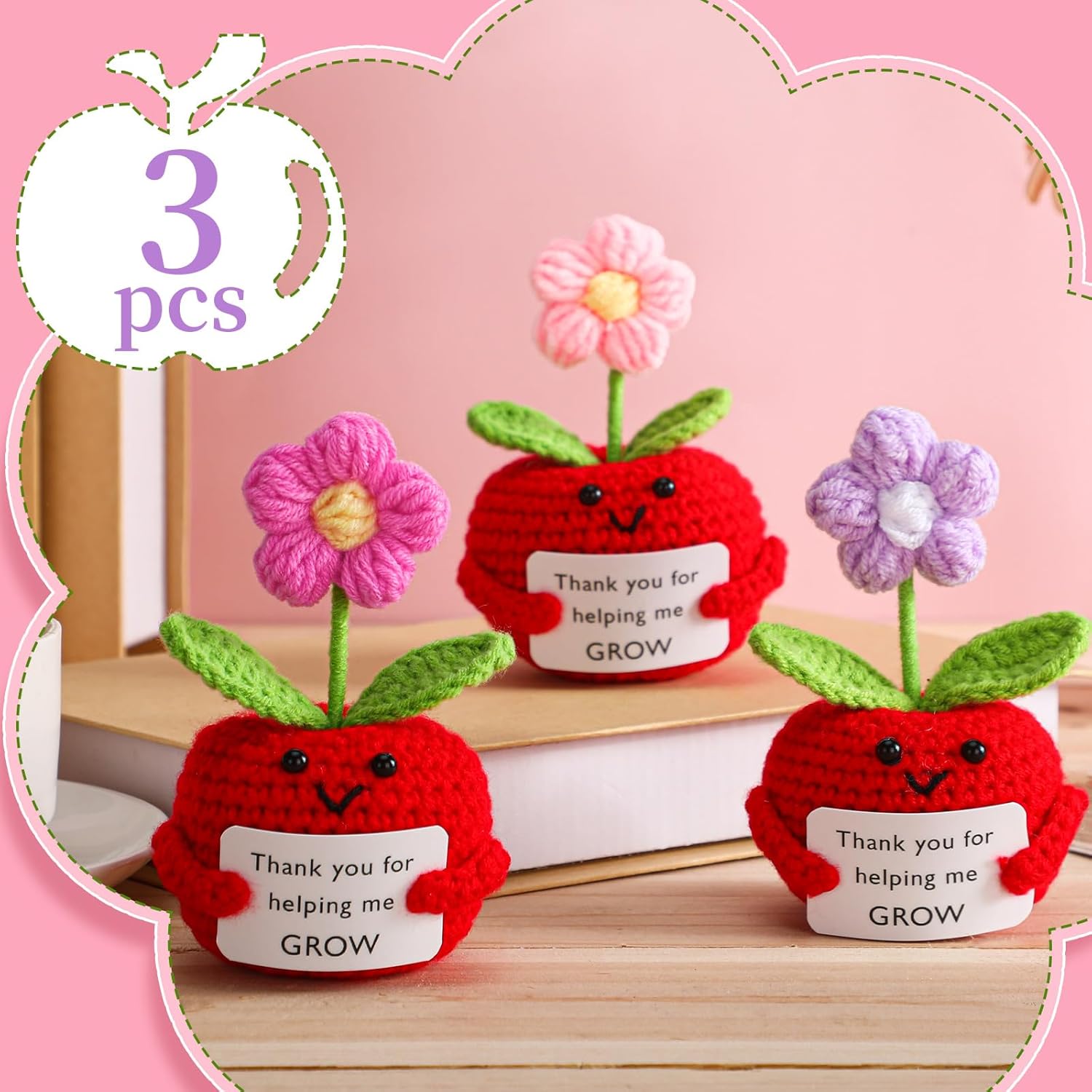3 Pcs Teacher Appreciation Gifts Easter Gift Positive Flower Handmade Crochet Doll Thank You for Helping Me Grow Teachers Week Apple -