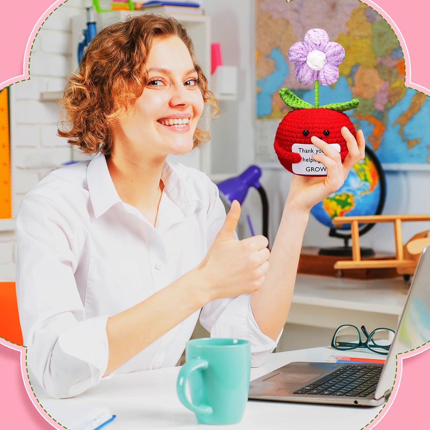 3 Pcs Teacher Appreciation Gifts Easter Gift Positive Flower Handmade Crochet Doll Thank You for Helping Me Grow Teachers Week Apple -
