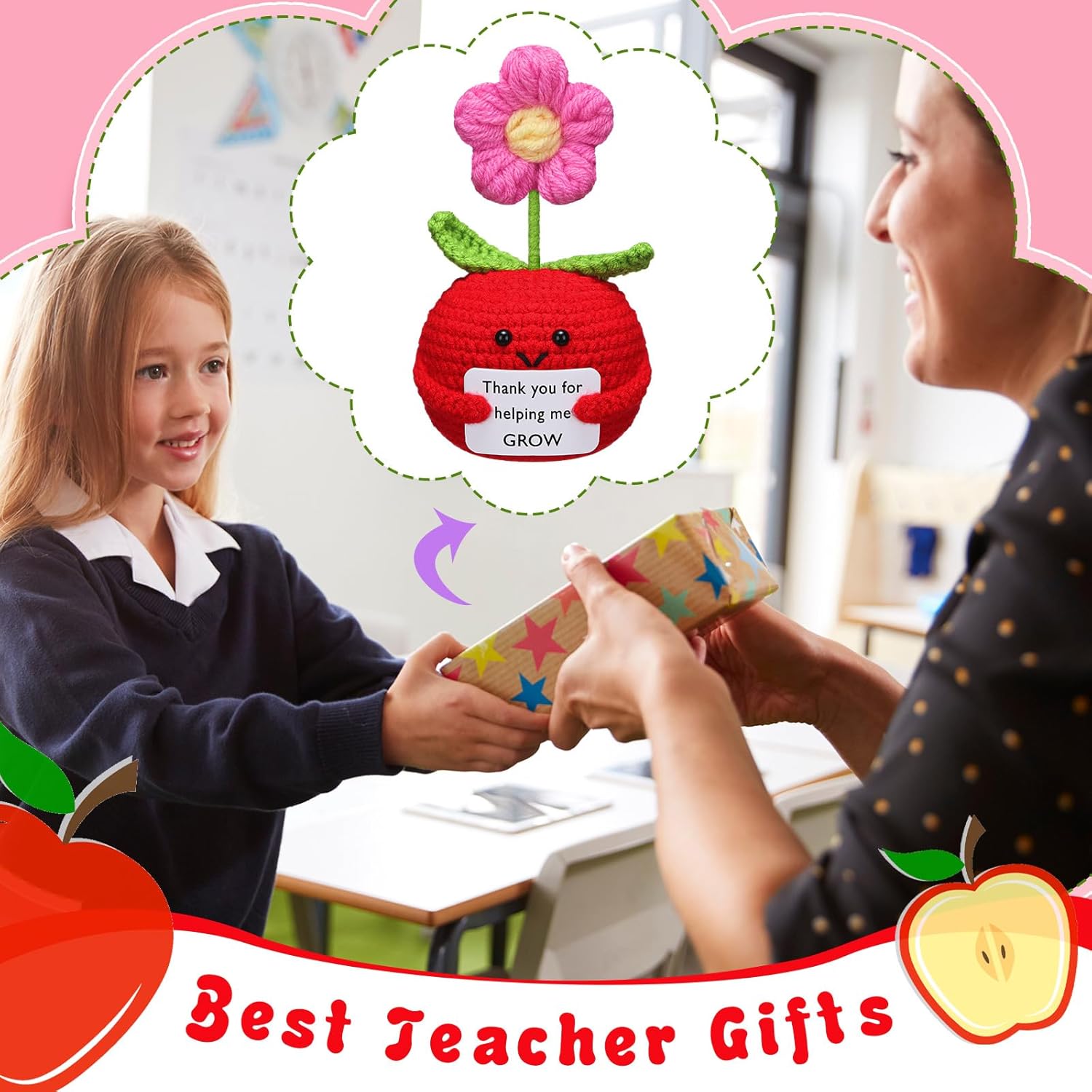 3 Pcs Teacher Appreciation Gifts Easter Gift Positive Flower Handmade Crochet Doll Thank You for Helping Me Grow Teachers Week Apple -