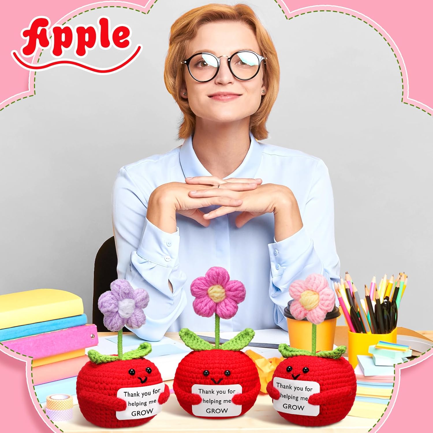 3 Pcs Teacher Appreciation Gifts Easter Gift Positive Flower Handmade Crochet Doll Thank You for Helping Me Grow Teachers Week Apple -