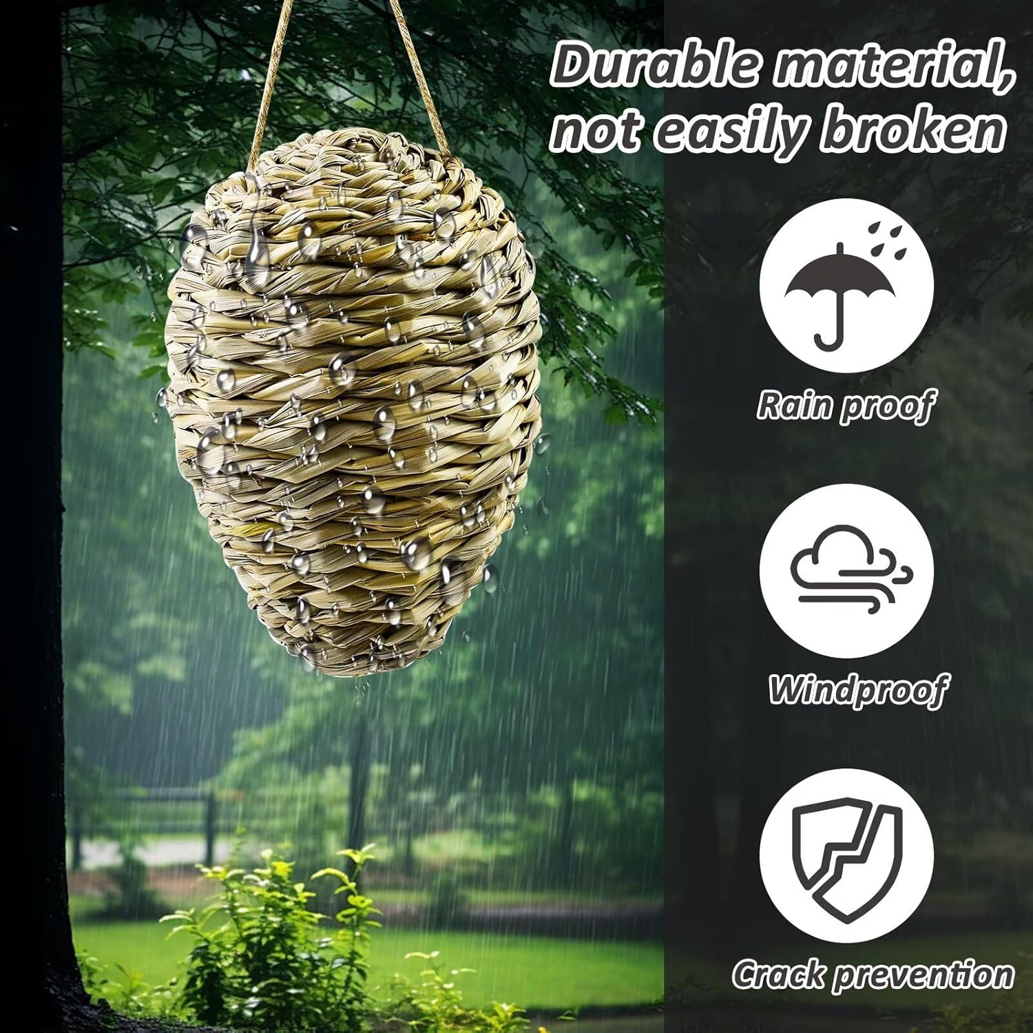 Woven Crochet Wasp Nest Decoy, Waterproof Faux Hanging Hornets Hive Nests Artificial Fake Decoy Decoration for Patio Eaves Yard Home Yellow-weed-2pcs-10×4In -
