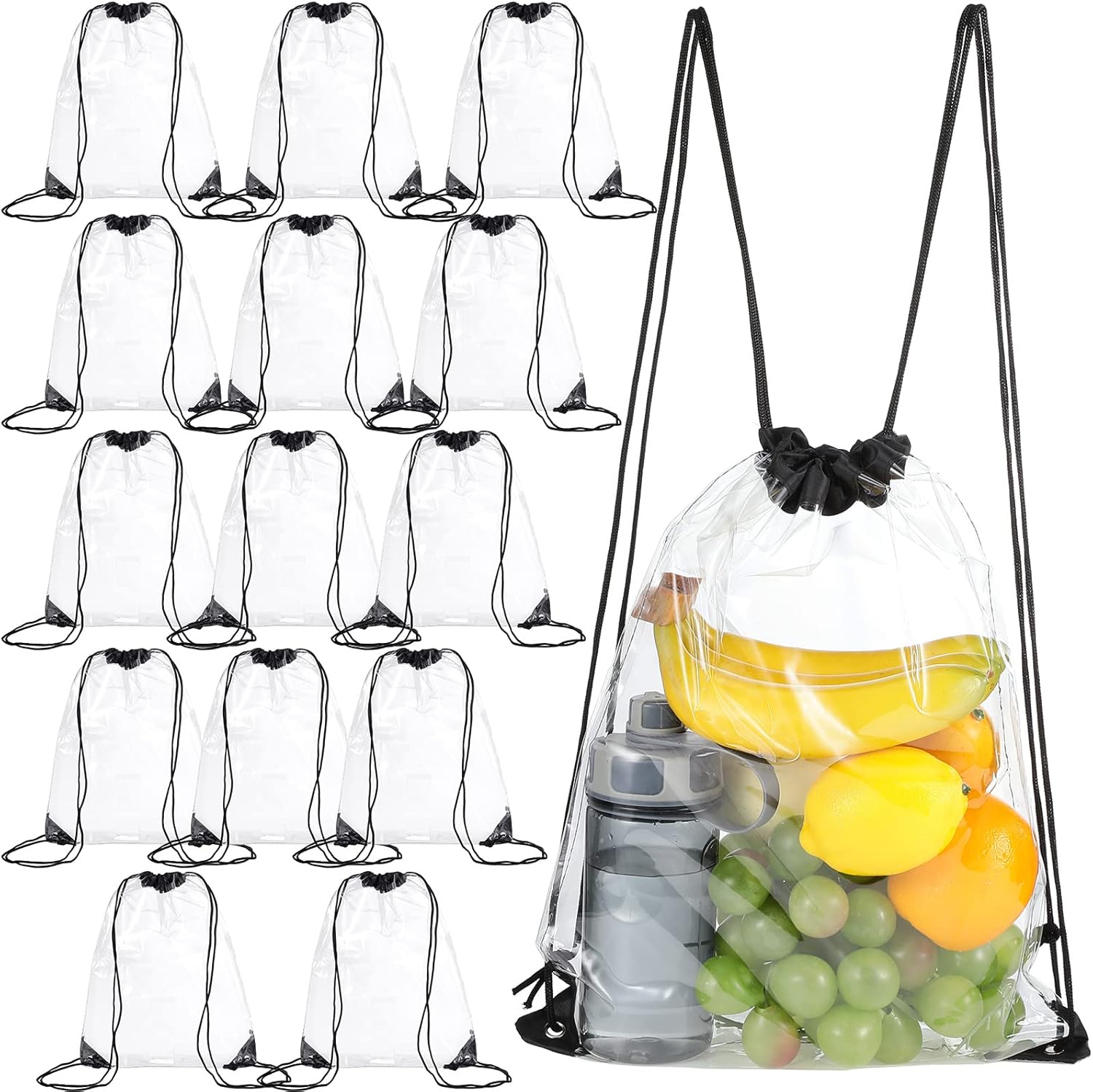 15 Pieces PVC Clear Drawstring Bag Small Waterproof Plastic Backpack For Stadiums Sporting Events Black Black -
