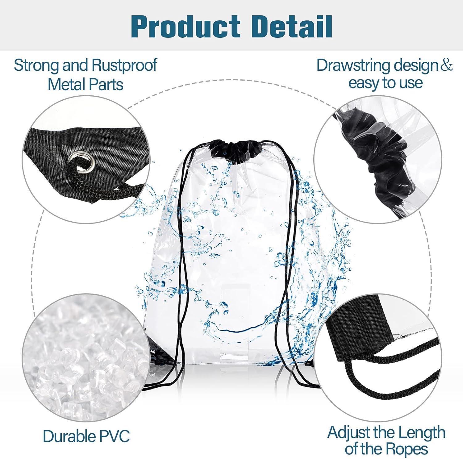 15 Pieces PVC Clear Drawstring Bag Small Waterproof Plastic Backpack For Stadiums Sporting Events Black Black -