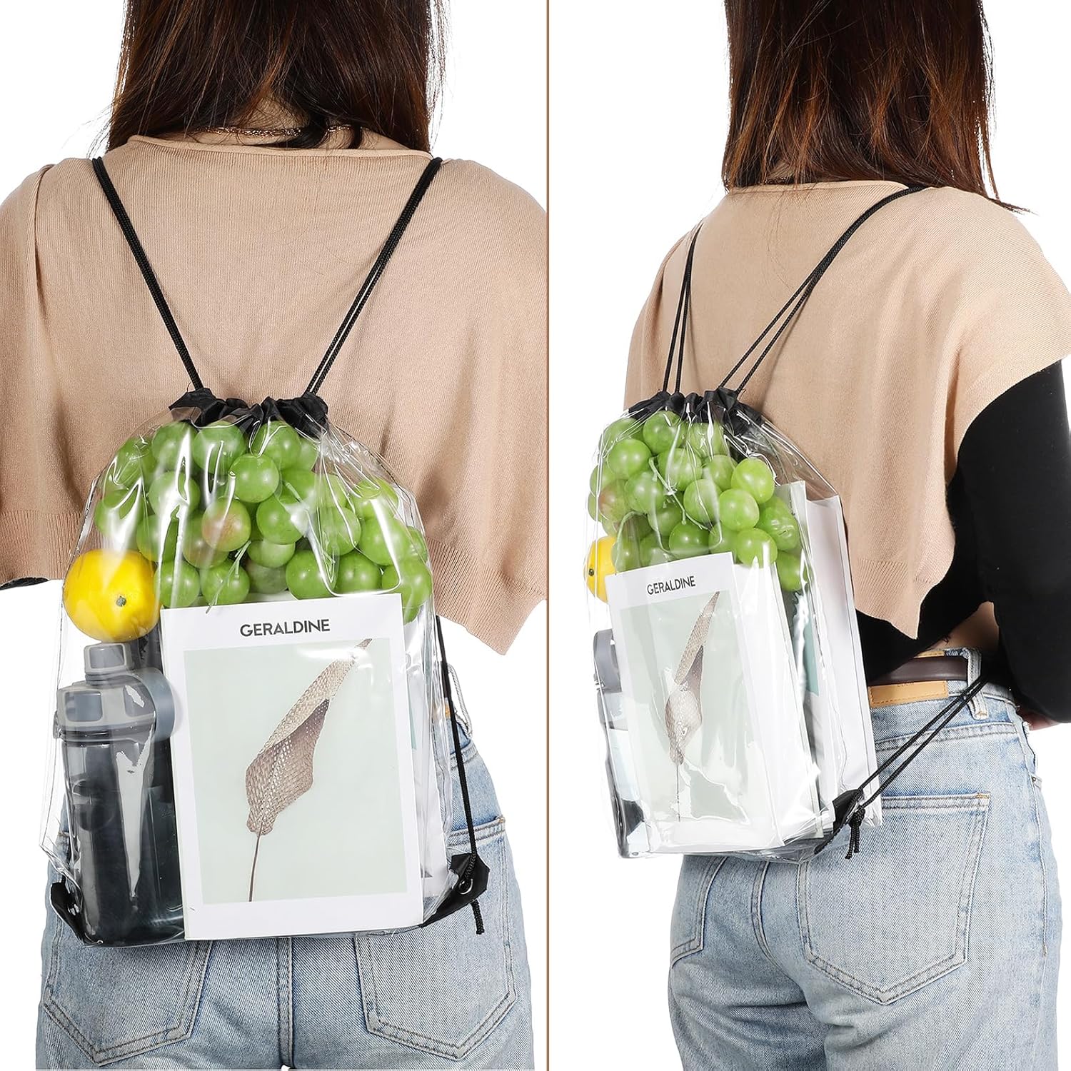 15 Pieces PVC Clear Drawstring Bag Small Waterproof Plastic Backpack For Stadiums Sporting Events Black Black -
