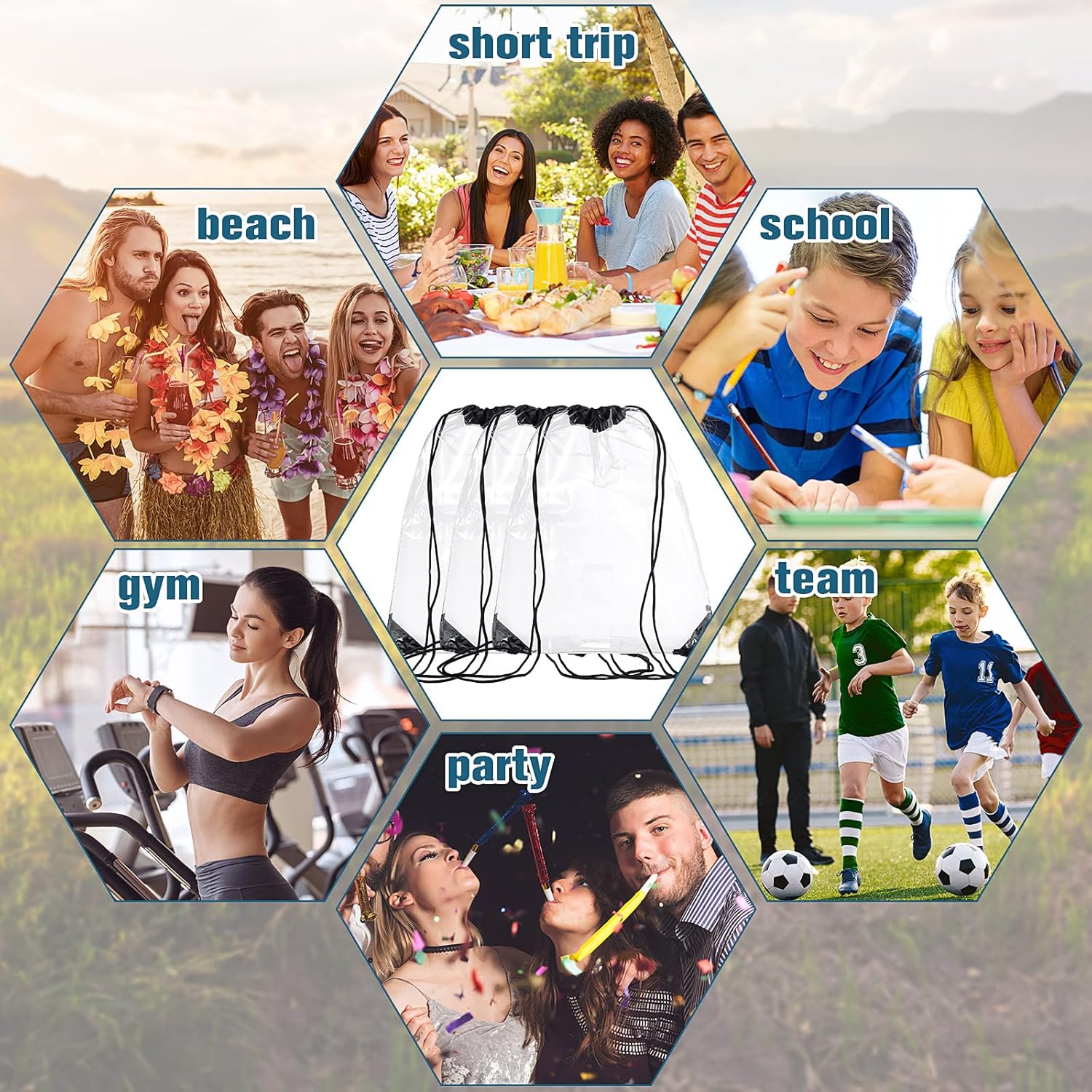 15 Pieces PVC Clear Drawstring Bag Small Waterproof Plastic Backpack For Stadiums Sporting Events Black Black -