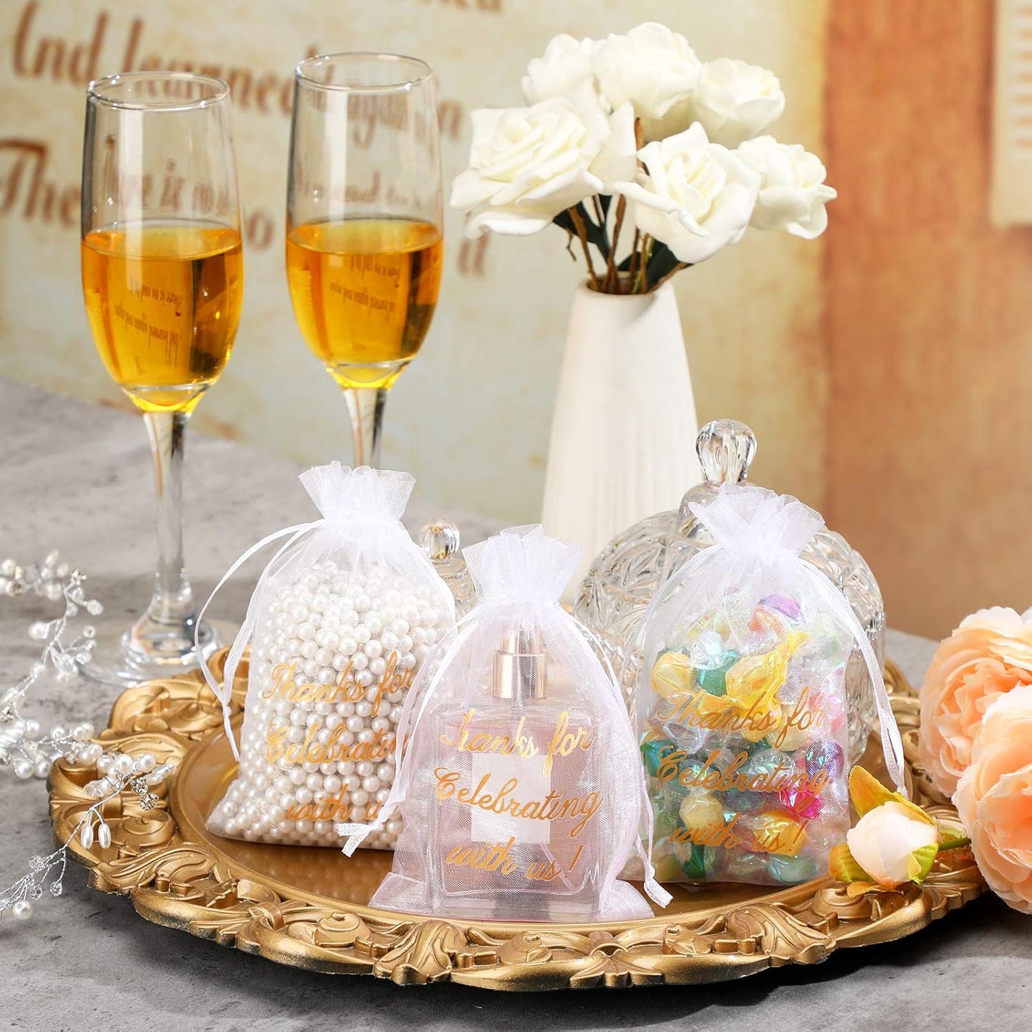 100 Pcs Sheer Organza Bags Wedding Favor Mesh Drawstring Thank You Gift Bag for Guests Candy Favors, Bridal Shower, Anniversary, Birthday 4 x 6 Inch,White White 1 Count Pack of 100