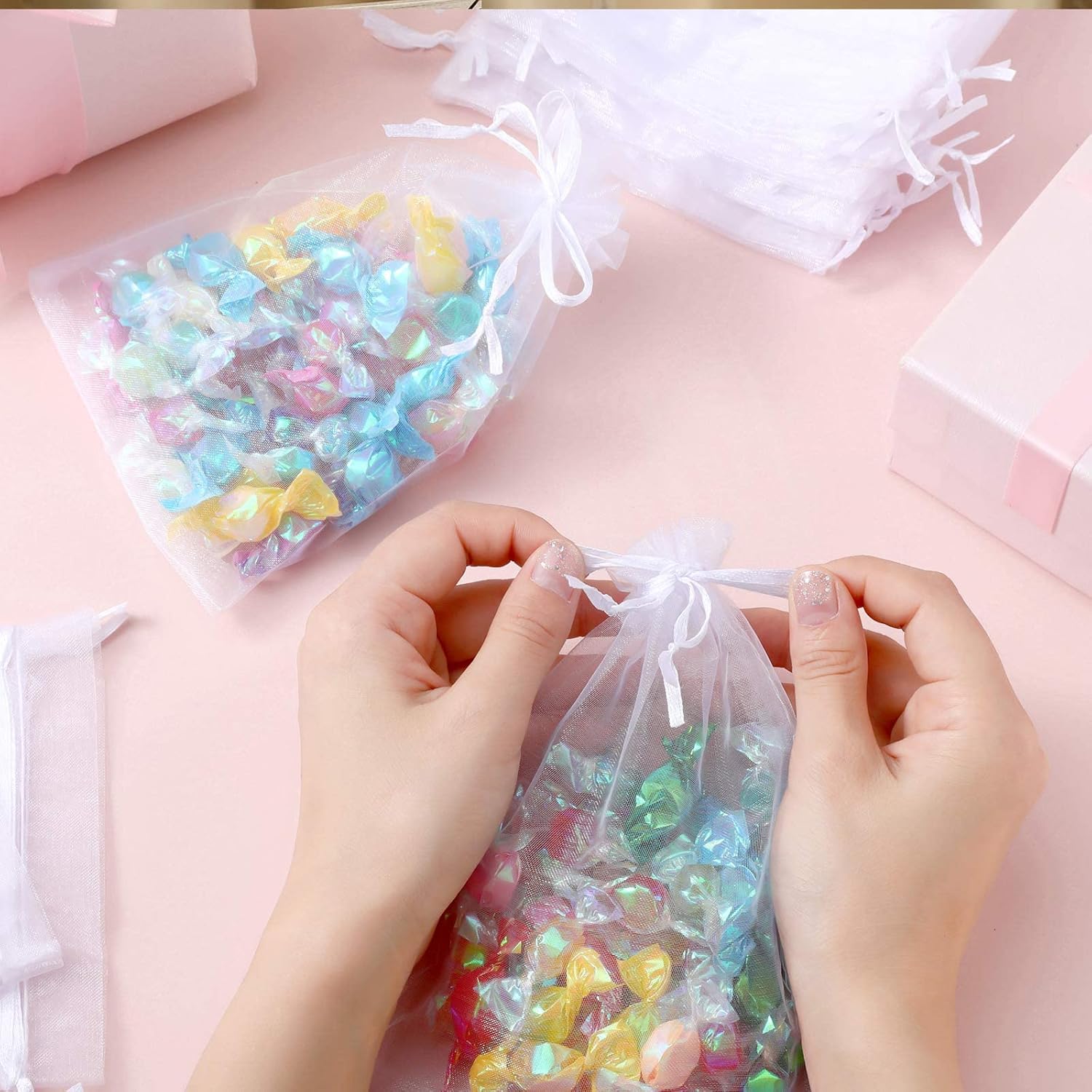 100 Pcs Sheer Organza Bags Wedding Favor Mesh Drawstring Thank You Gift Bag for Guests Candy Favors, Bridal Shower, Anniversary, Birthday 4 x 6 Inch,White White 1 Count Pack of 100