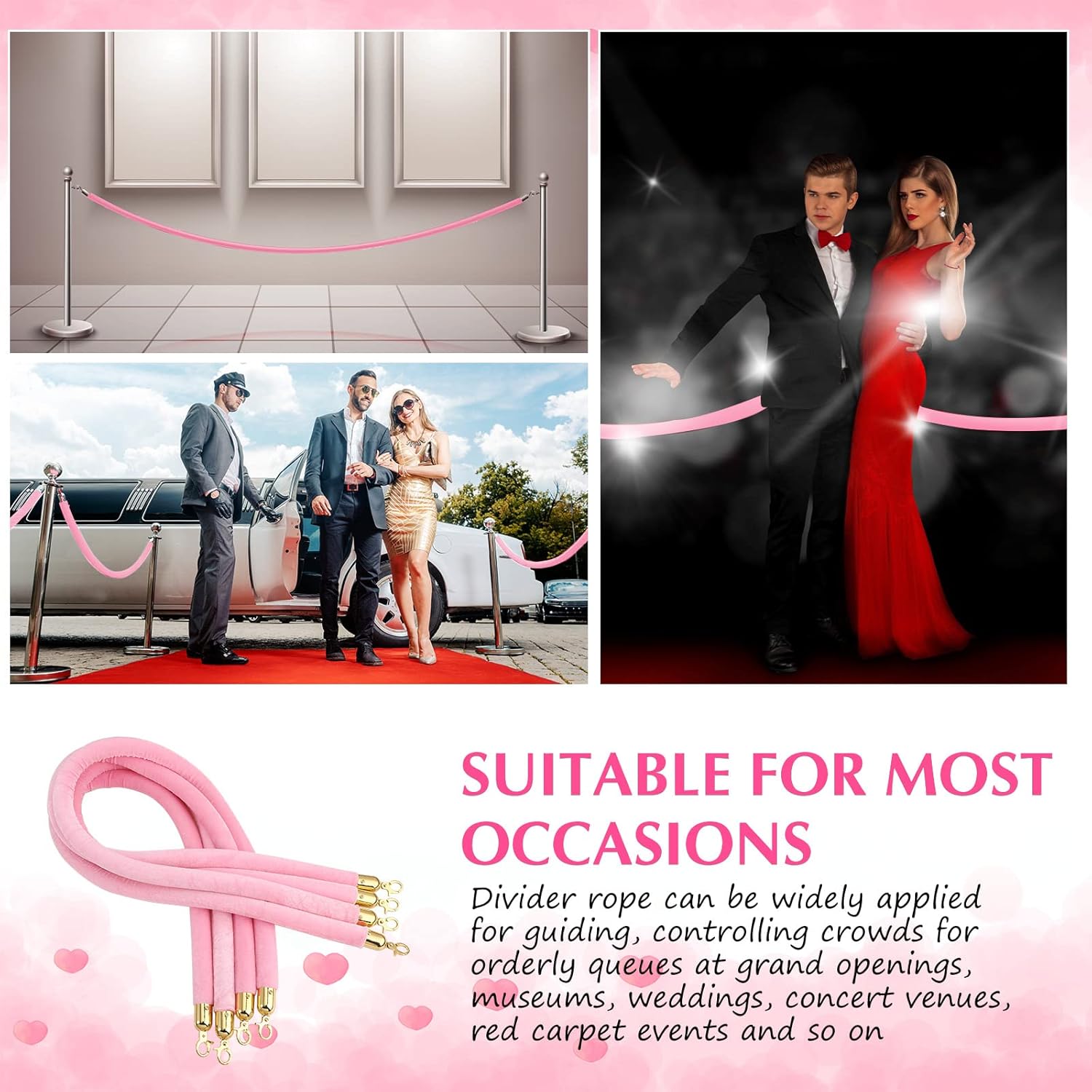 4 Pieces Pink Velvet Stanchion Rope 5 Feet Ropes with Gold Clasps for Party Hotels Wedding Movie Theaters Grand Openings Crowd Control Barrier Supplies -