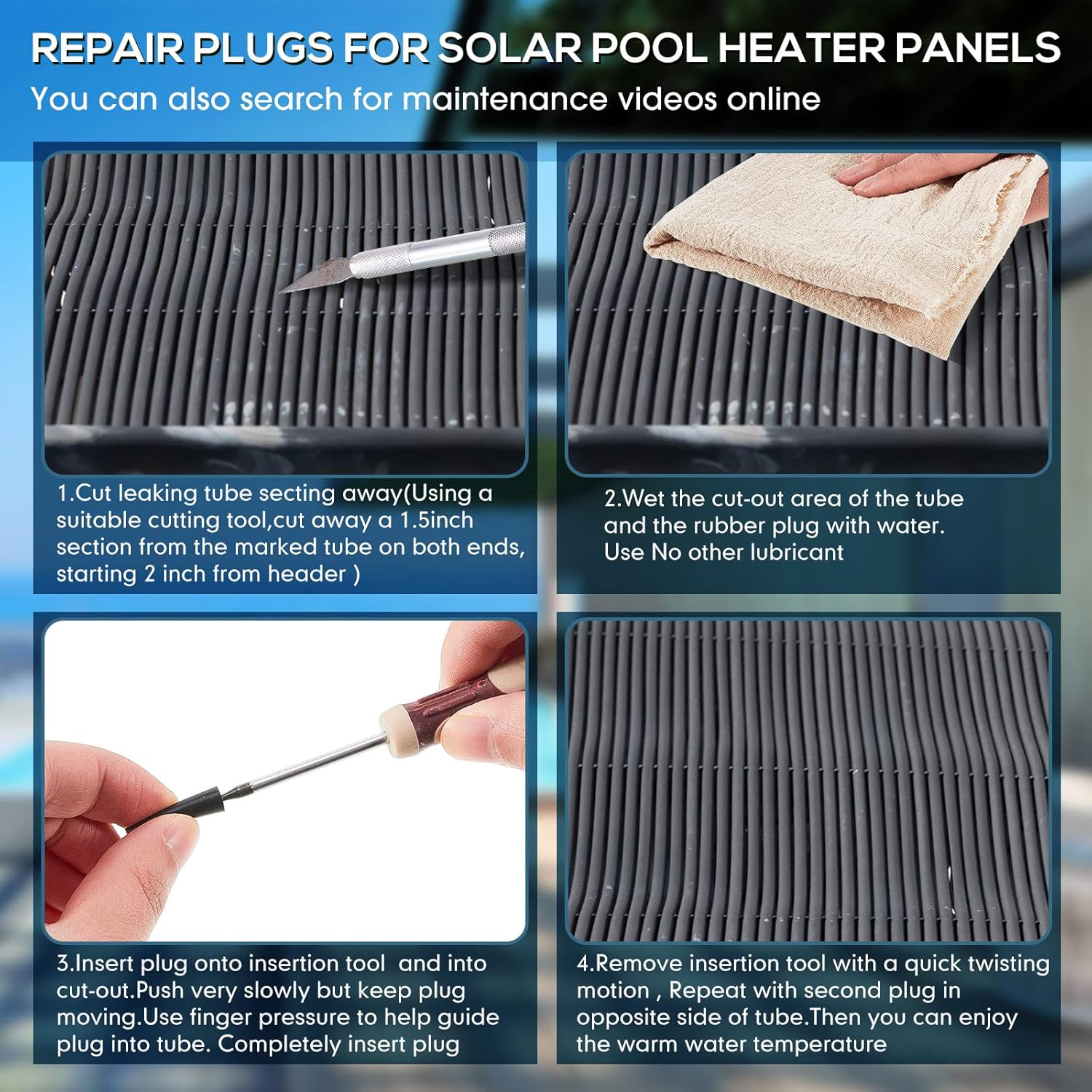60 Pcs Pool Solar Panels Repair Plugs Heater Kit for Swimming Panels, Black 0.250 - 0.250" Diameter