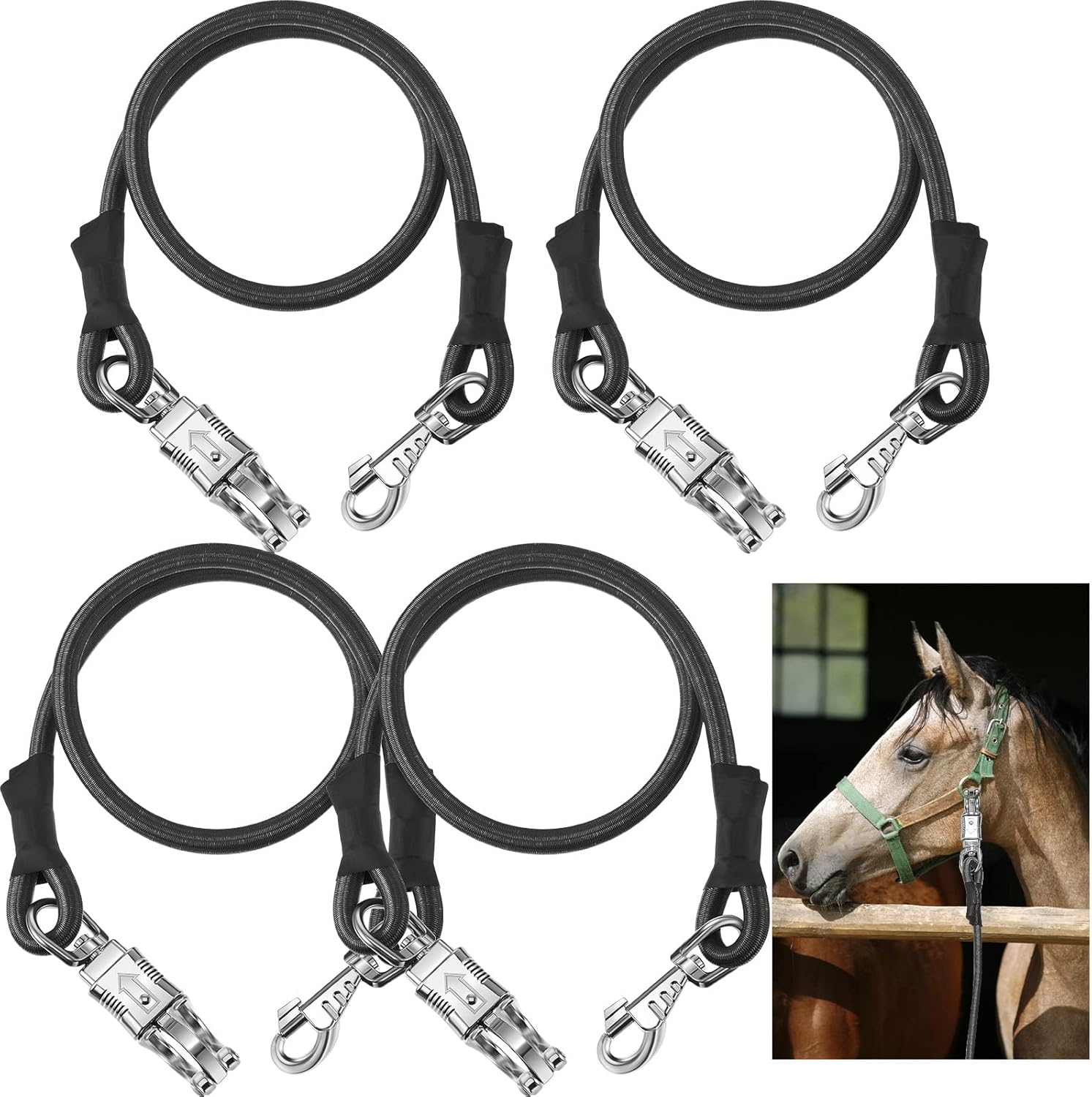 4 Pack Bungee Cross Ties Set Horse Trailer Tie Straps Bulk Cords with Snaps for Accessories, 36 Inch Long Black Black -