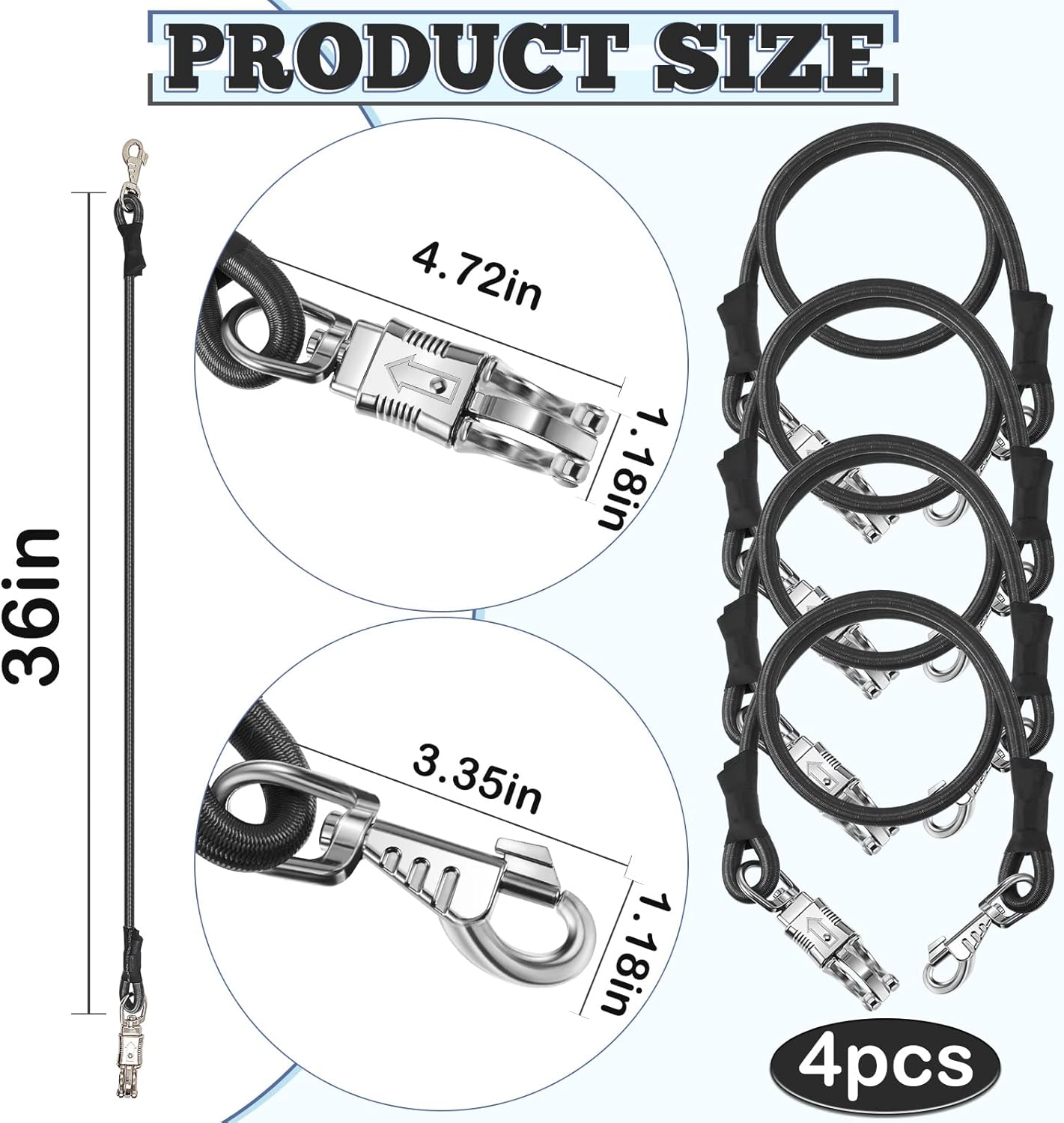 4 Pack Bungee Cross Ties Set Horse Trailer Tie Straps Bulk Cords with Snaps for Accessories, 36 Inch Long Black Black -