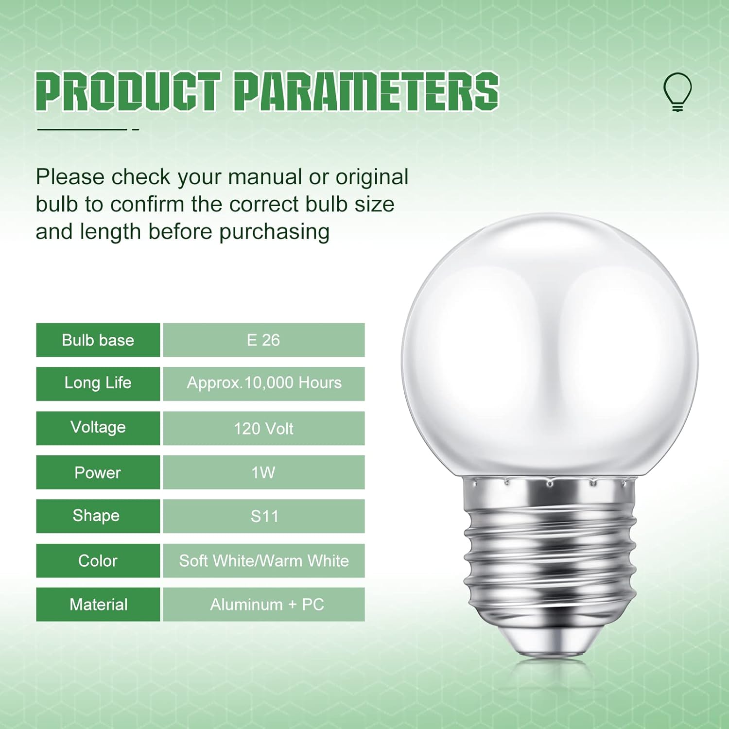 LED Night Light Bulb 1 Watt Low Wattage Bulbs 7.5 Equivalent 4511220 Lighting S11 White Lightbulb Small Globe with E26 Medium Base G45 2700k Not Dimmable for Outdoor Christmas, 8 Pieces -
