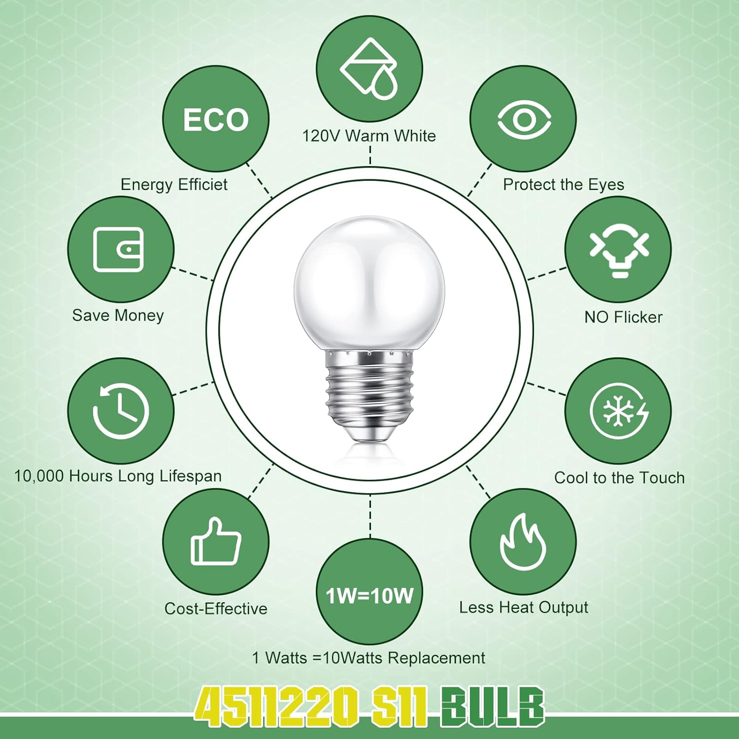 LED Night Light Bulb 1 Watt Low Wattage Bulbs 7.5 Equivalent 4511220 Lighting S11 White Lightbulb Small Globe with E26 Medium Base G45 2700k Not Dimmable for Outdoor Christmas, 8 Pieces -