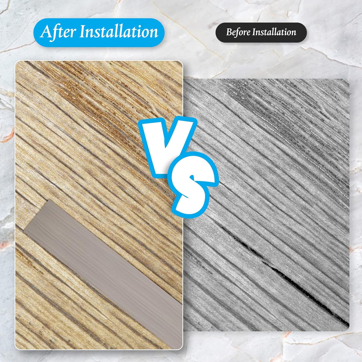 10 Ft Vinyl Floor Transition Strip 3 Wide Flat Self Adhesive Cover Strips Threshold Flooring Gap Trim Laminate for and Doorway, Wood Grain Design Grey -