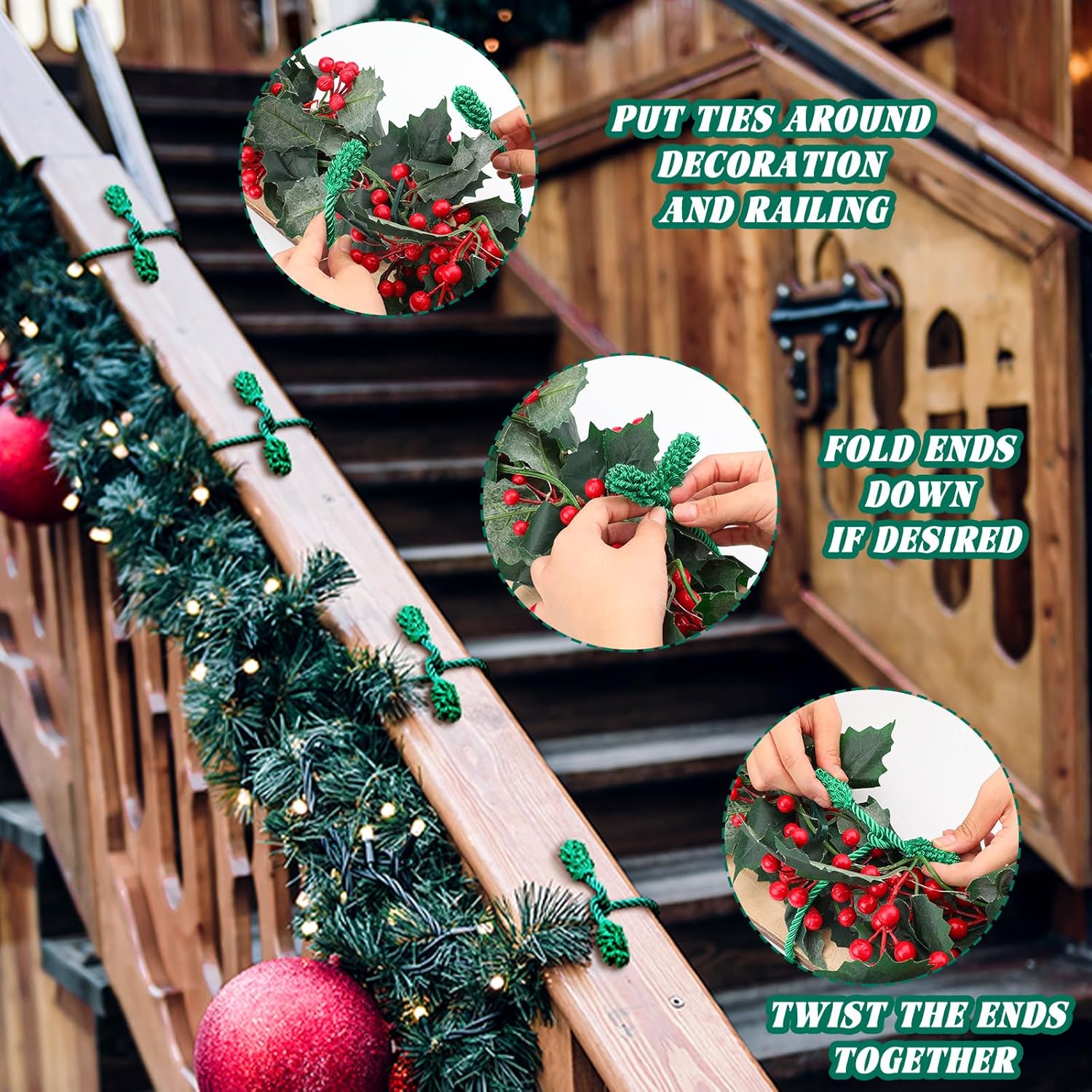20 Pcs Christmas Inches and 16 Set Decorative Garland Twist Ties Decor for Xmas Holiday Lights Bannisters Stairways Railings Green Green -