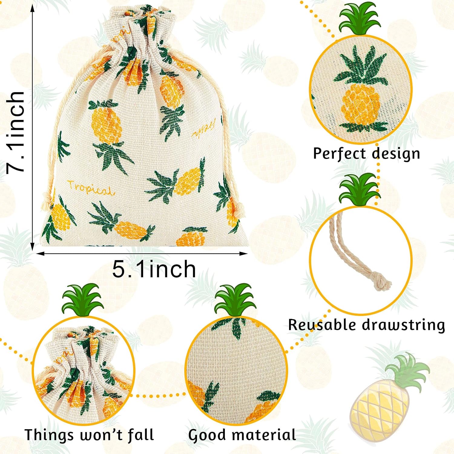 25 Pieces Pineapple Treat Bags Drawstring Favor Storage for Birthday Party Wedding Hawaiian Luau Favors Summer Supplies -