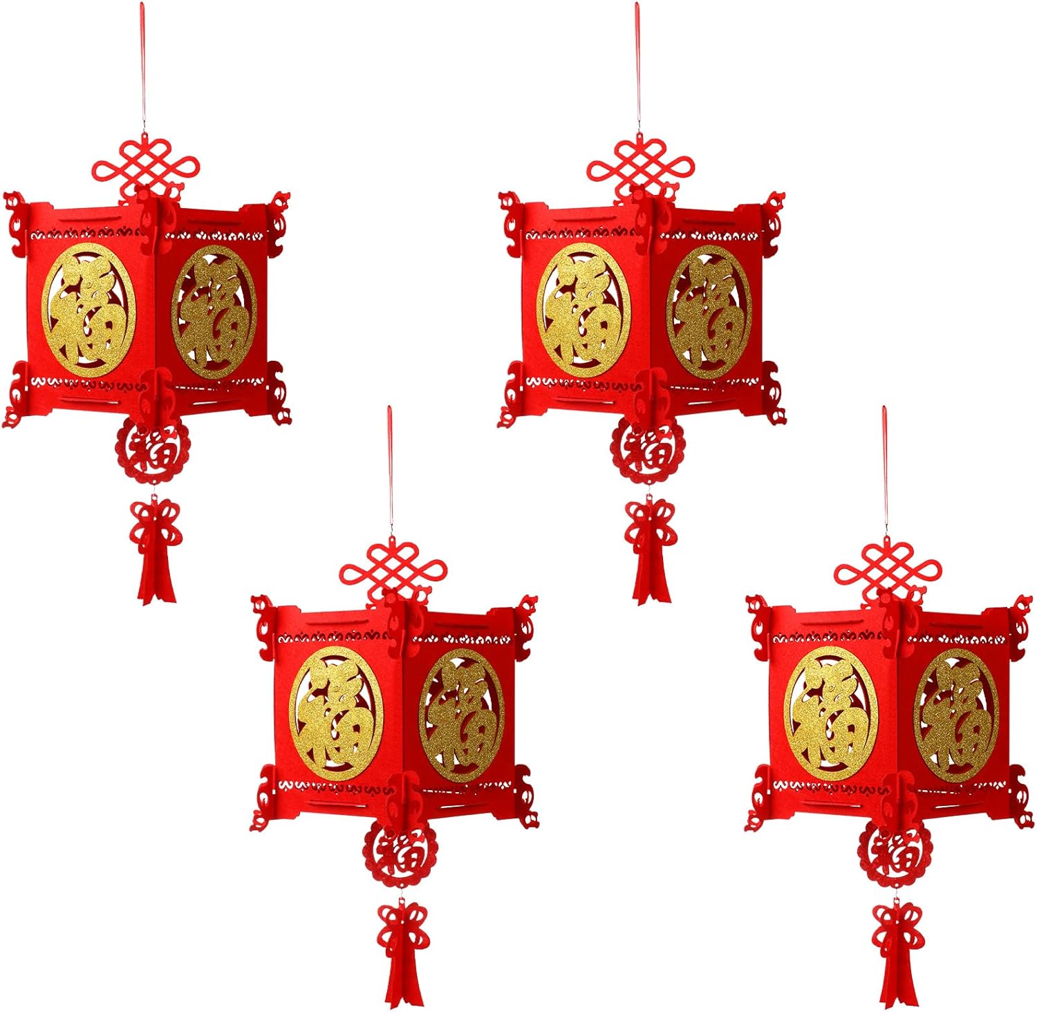 4 Pieces Chinese New Year Lantern Decoration 2026 Lunar Lanterns Lucky Red Fu 3D Puzzle Traditional for Spring Festival Restaurant Celebration 17.7 x 10 Inches,Square Square 17.7 Inches