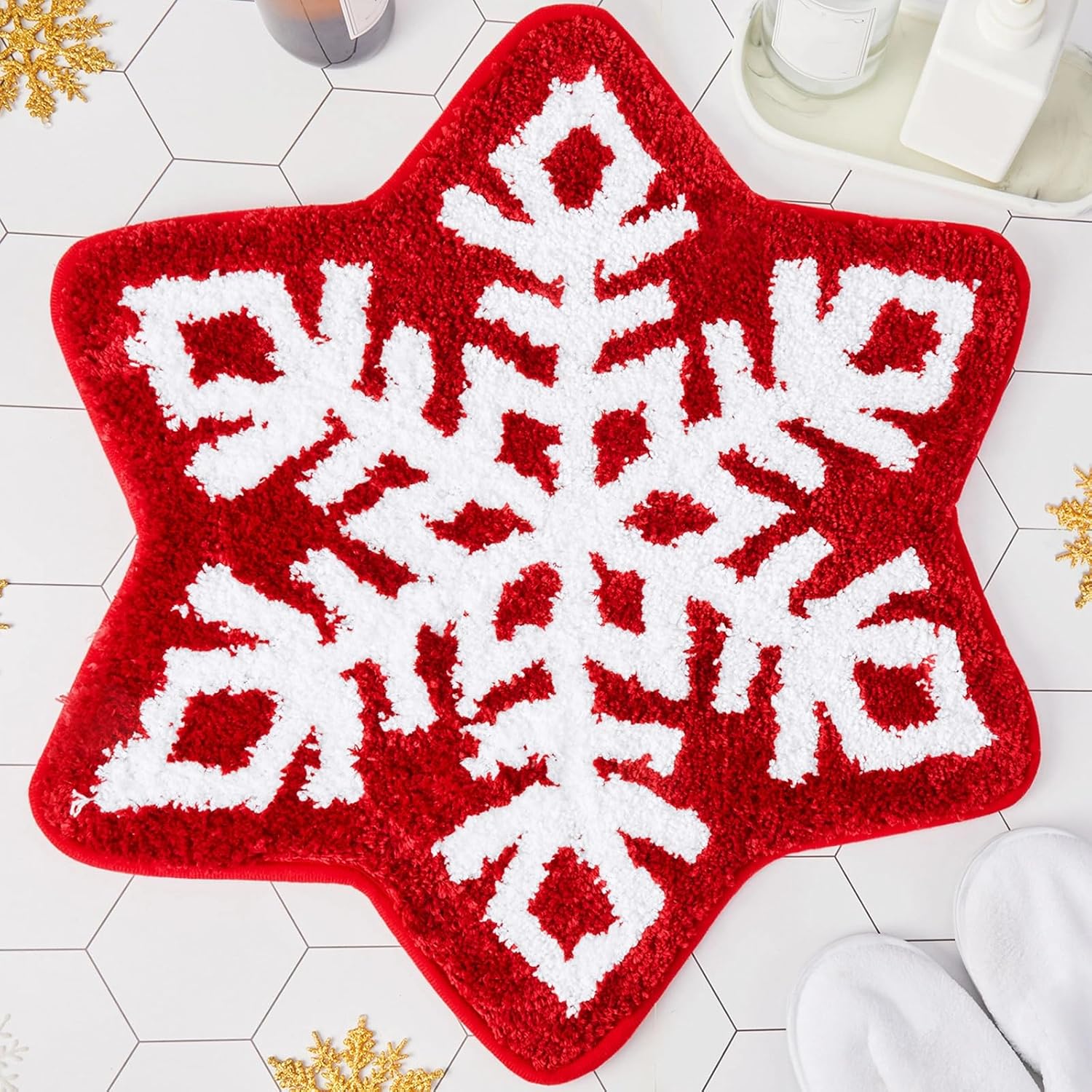 Winter Snowflake Rug Red Bath Mat Bathroom Decor Welcome Non Slip Xmas Washable Bathtub Tub Doormat 21.7'' x 23.6'' Classic -