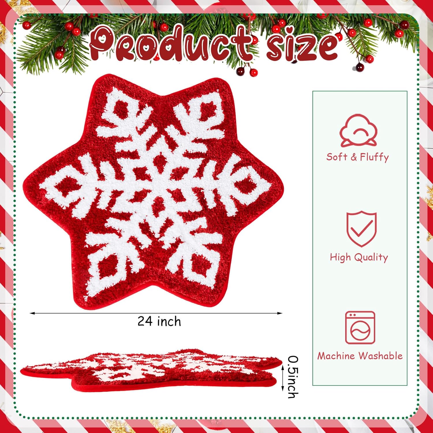 Winter Snowflake Rug Red Bath Mat Bathroom Decor Welcome Non Slip Xmas Washable Bathtub Tub Doormat 21.7'' x 23.6'' Classic -