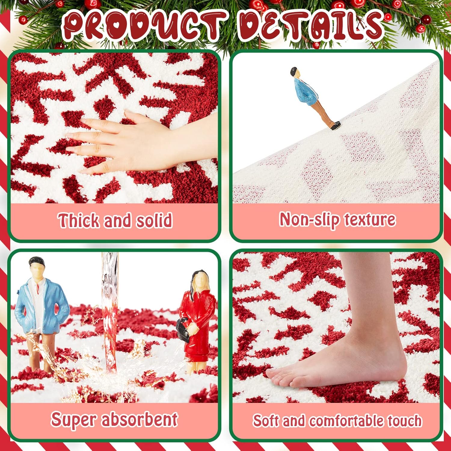 Winter Snowflake Rug Red Bath Mat Bathroom Decor Welcome Non Slip Xmas Washable Bathtub Tub Doormat 21.7'' x 23.6'' Classic -