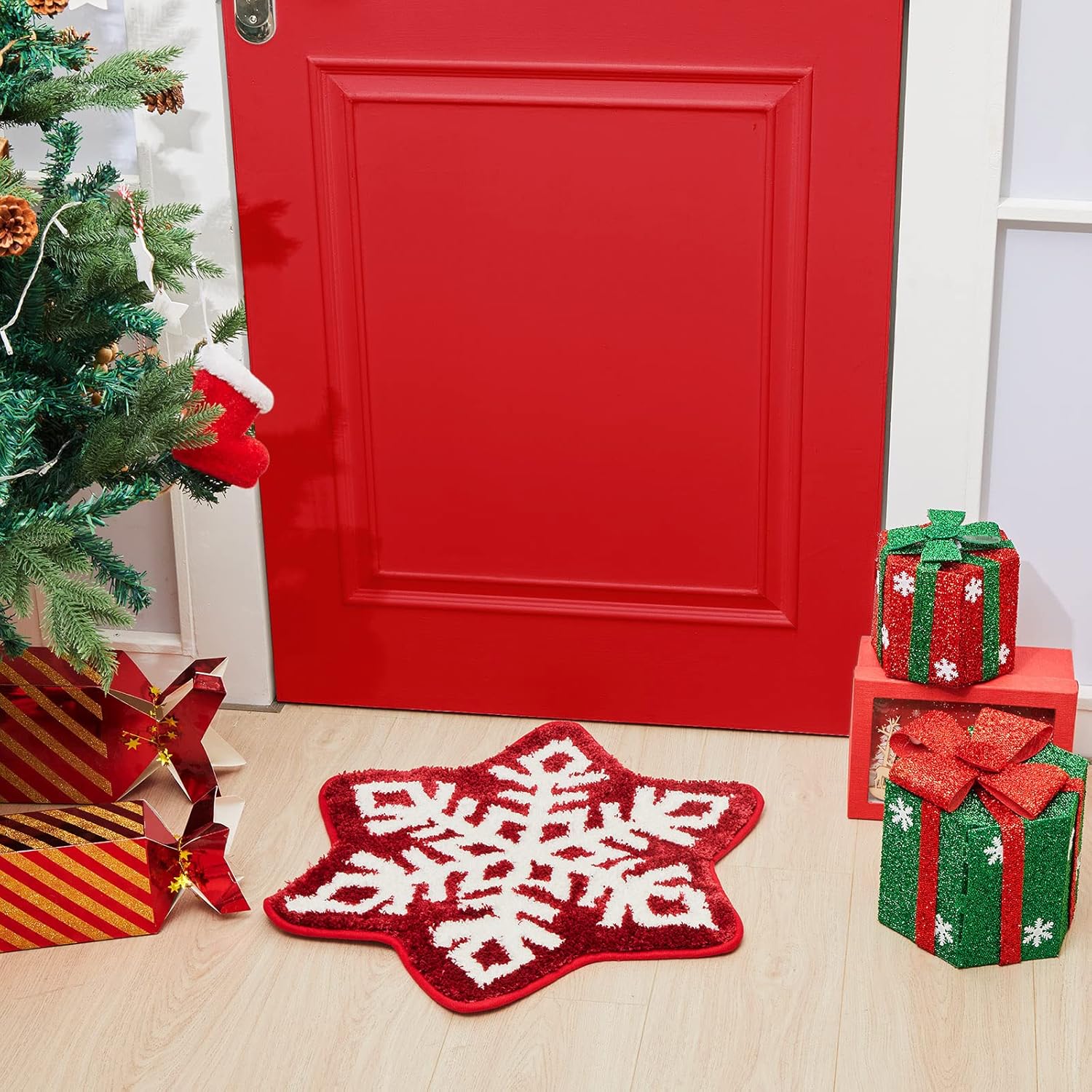 Winter Snowflake Rug Red Bath Mat Bathroom Decor Welcome Non Slip Xmas Washable Bathtub Tub Doormat 21.7'' x 23.6'' Classic -