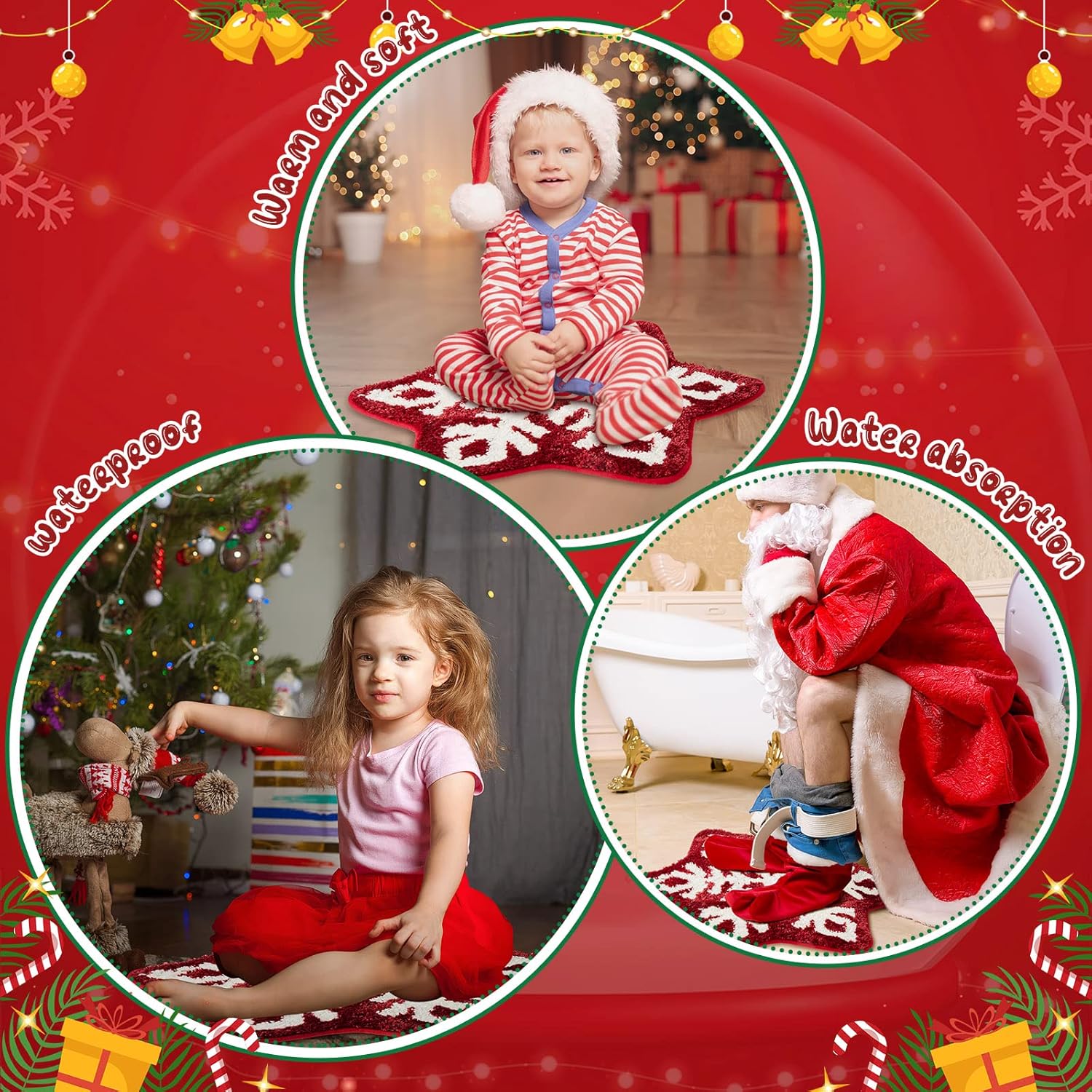 Winter Snowflake Rug Red Bath Mat Bathroom Decor Welcome Non Slip Xmas Washable Bathtub Tub Doormat 21.7'' x 23.6'' Classic -