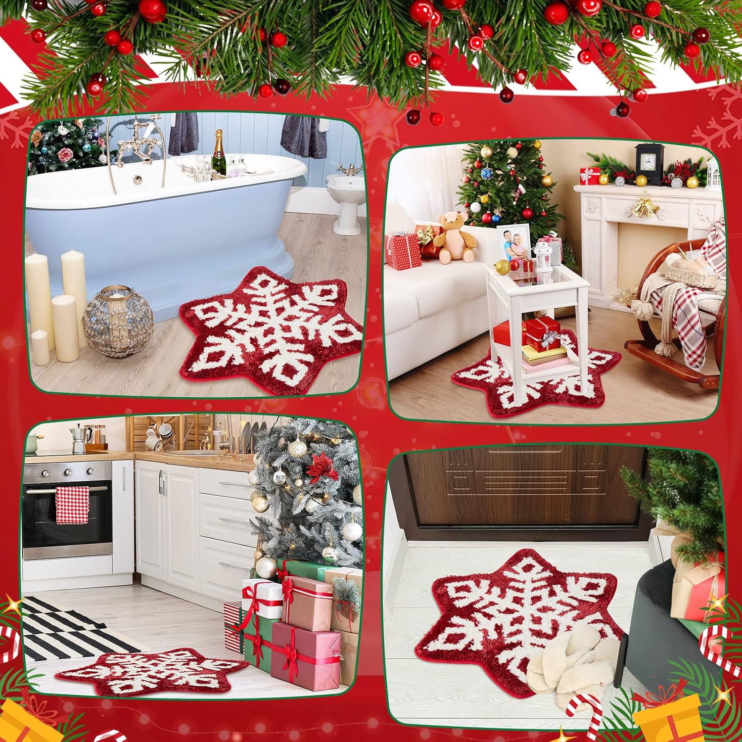 Winter Snowflake Rug Red Bath Mat Bathroom Decor Welcome Non Slip Xmas Washable Bathtub Tub Doormat 21.7'' x 23.6'' Classic -