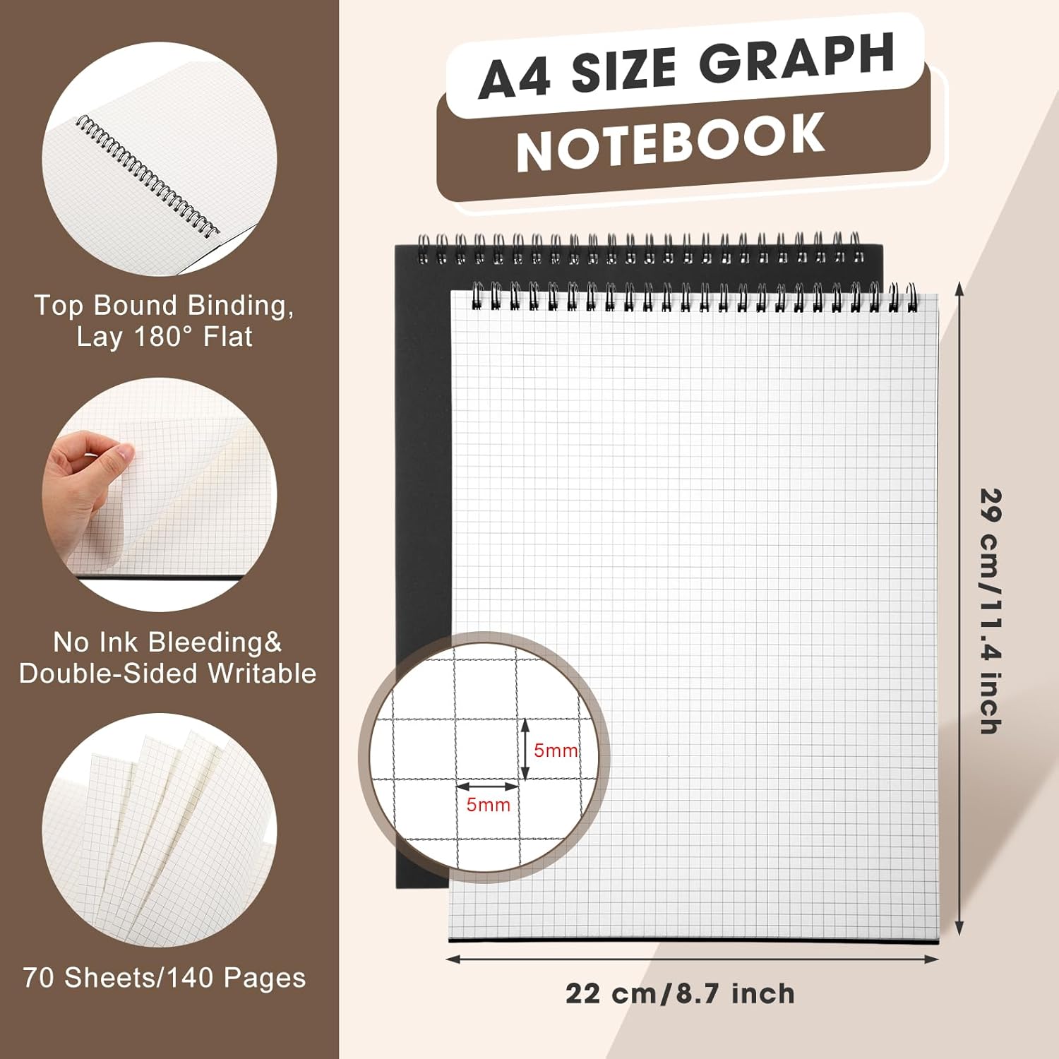 2 Pack Top Spiral Graph Paper Notebooks 8.7 X11.4 Inch A4 Grid Notepad 70 Sheet Memo Steno Pad for Engineering Writing Sketching Drawing School Office Supplies Black Black -