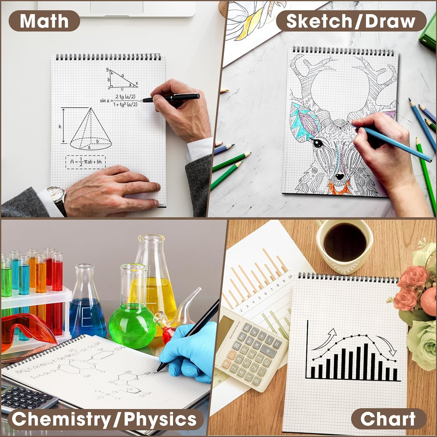 2 Pack Top Spiral Graph Paper Notebooks 8.7 X11.4 Inch A4 Grid Notepad 70 Sheet Memo Steno Pad for Engineering Writing Sketching Drawing School Office Supplies Black Black -