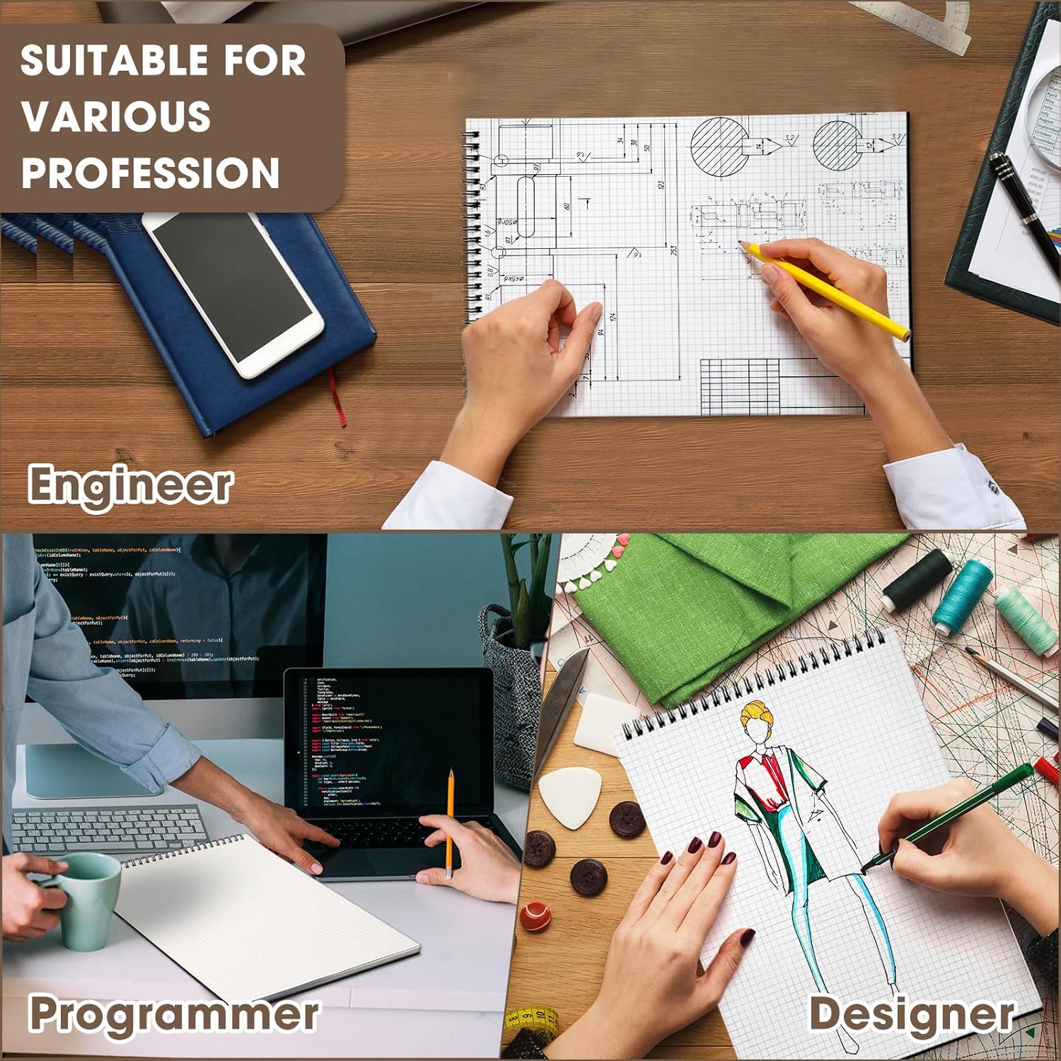 2 Pack Top Spiral Graph Paper Notebooks 8.7 X11.4 Inch A4 Grid Notepad 70 Sheet Memo Steno Pad for Engineering Writing Sketching Drawing School Office Supplies Black Black -