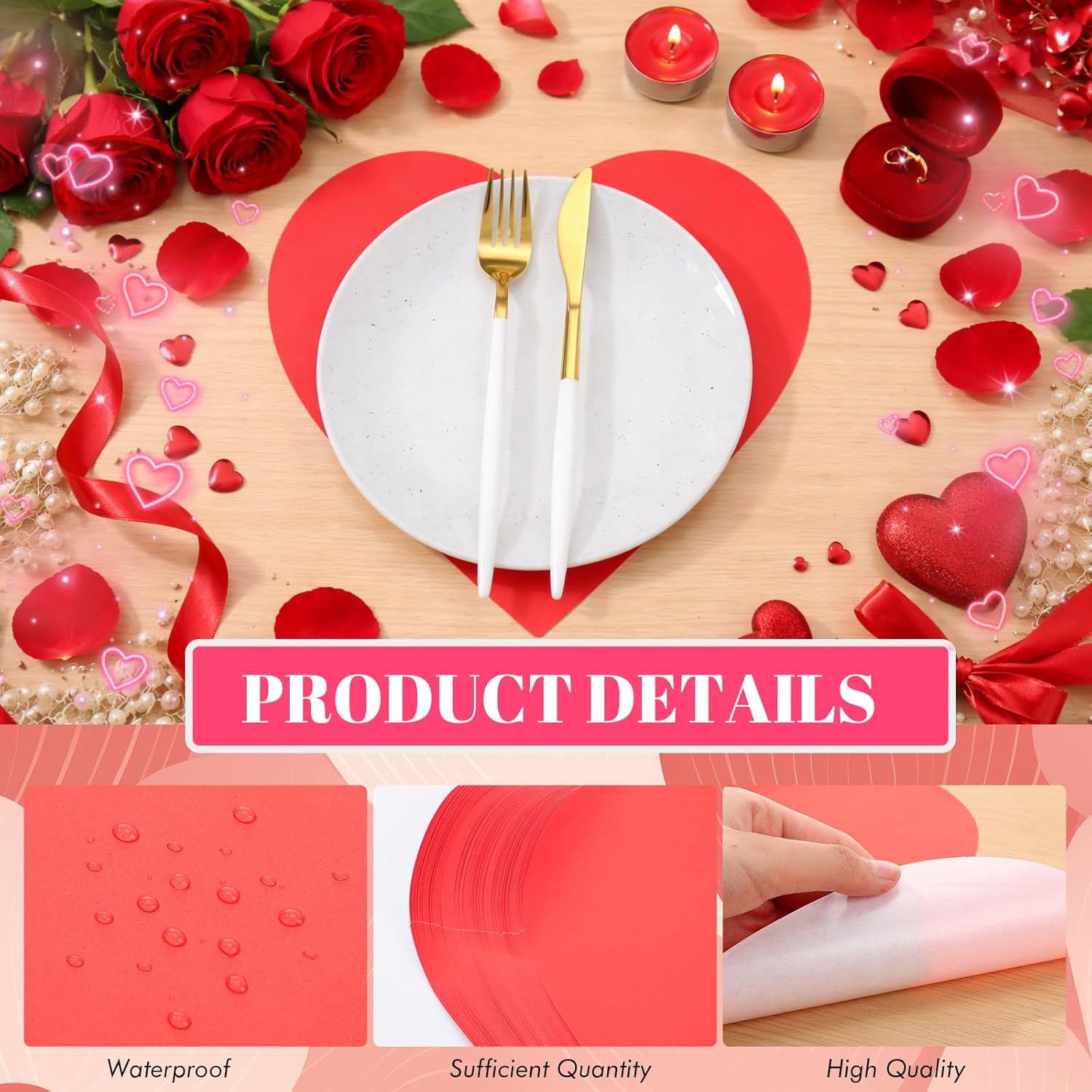 100 Pcs Red Heart Placemats Disposable Paper Table Decorations Indoor Shape for Valentine Mother's Day Wedding Bridal Holiday Birthday Party Kitchen Dinner -