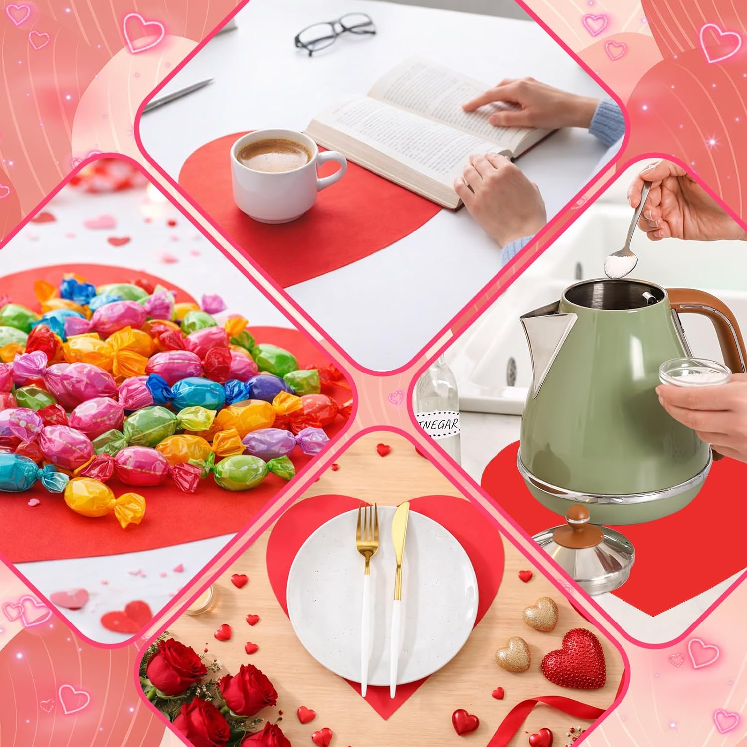 100 Pcs Red Heart Placemats Disposable Paper Table Decorations Indoor Shape for Valentine Mother's Day Wedding Bridal Holiday Birthday Party Kitchen Dinner -