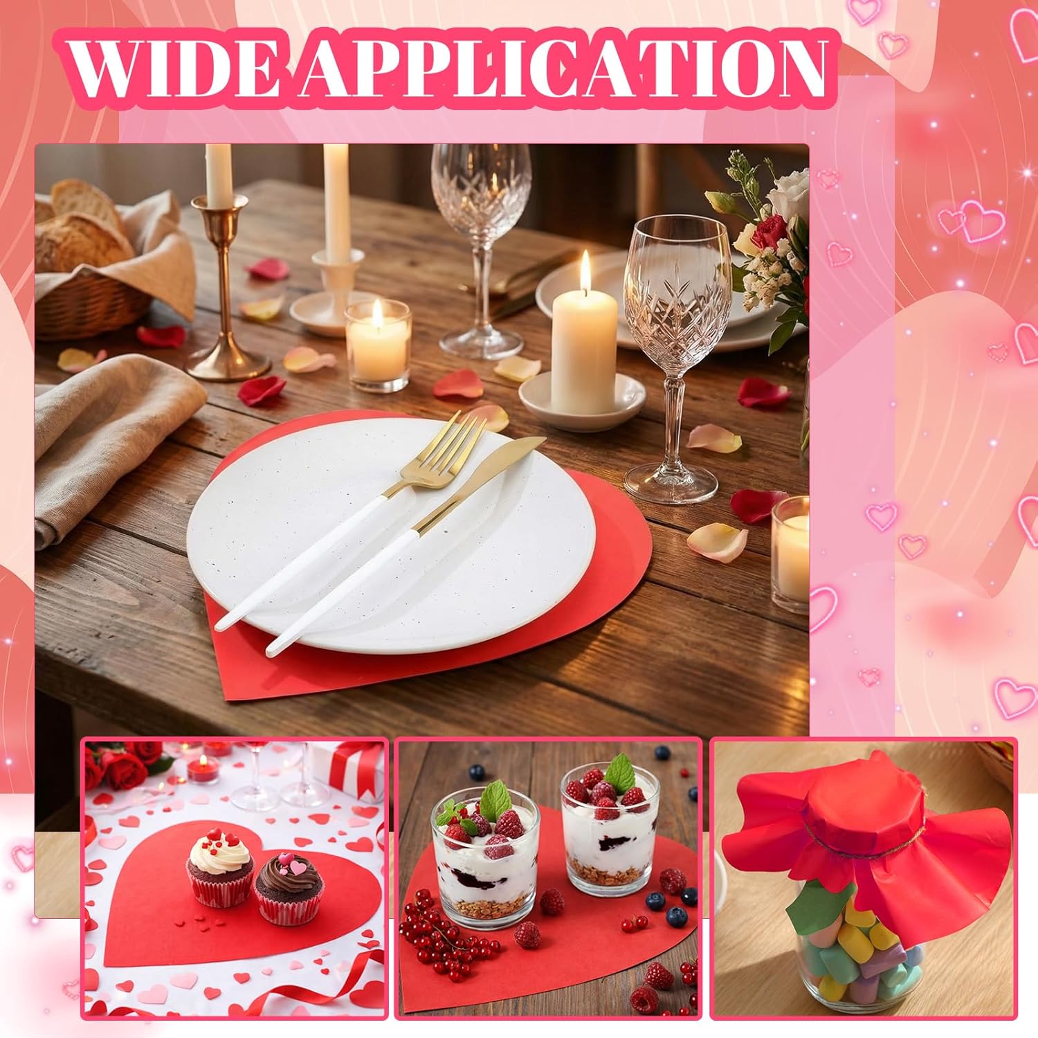 100 Pcs Red Heart Placemats Disposable Paper Table Decorations Indoor Shape for Valentine Mother's Day Wedding Bridal Holiday Birthday Party Kitchen Dinner -
