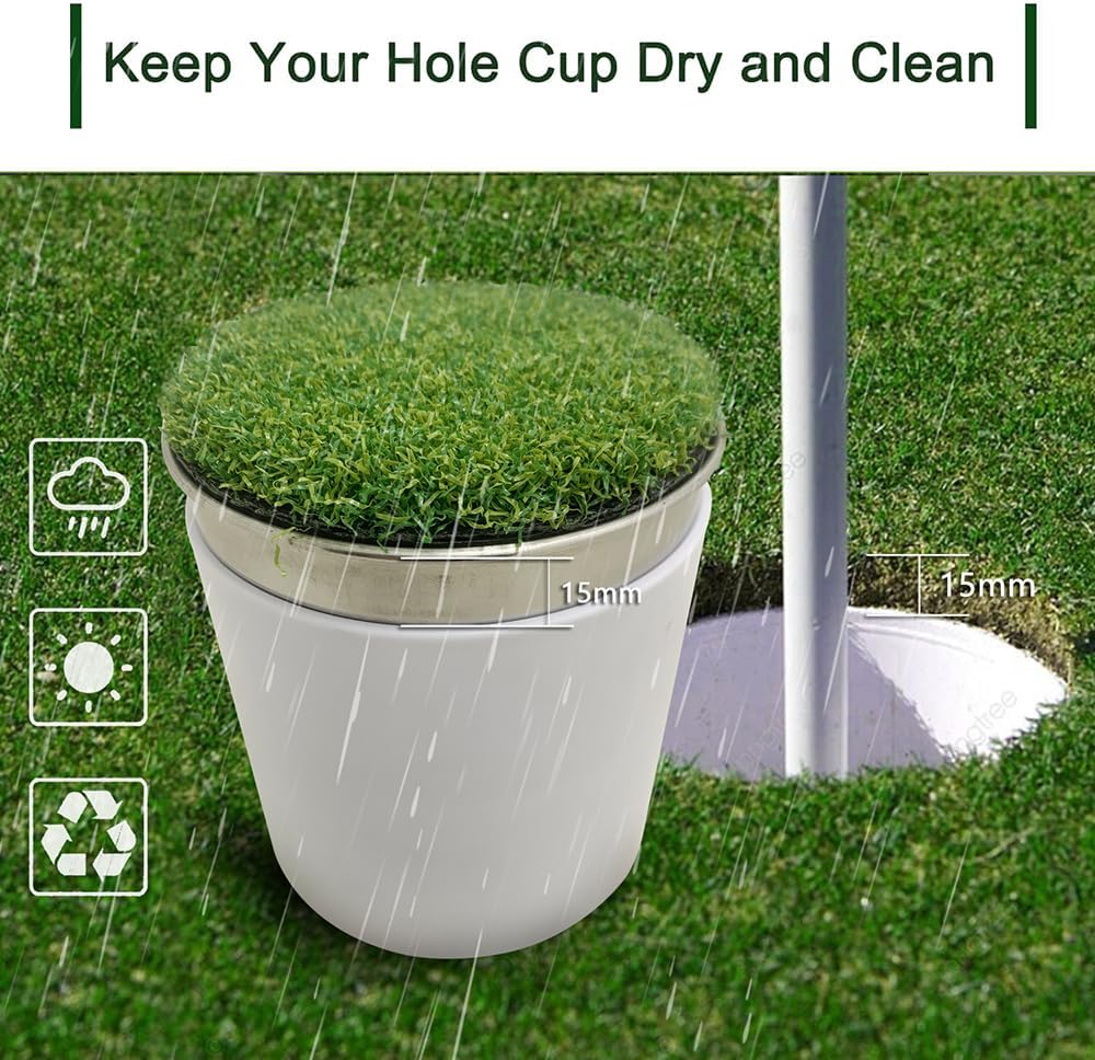 Golf Hole Cup Putting Green for Backyard Practice Simulated Lawn and Metal Base 2 Pieces