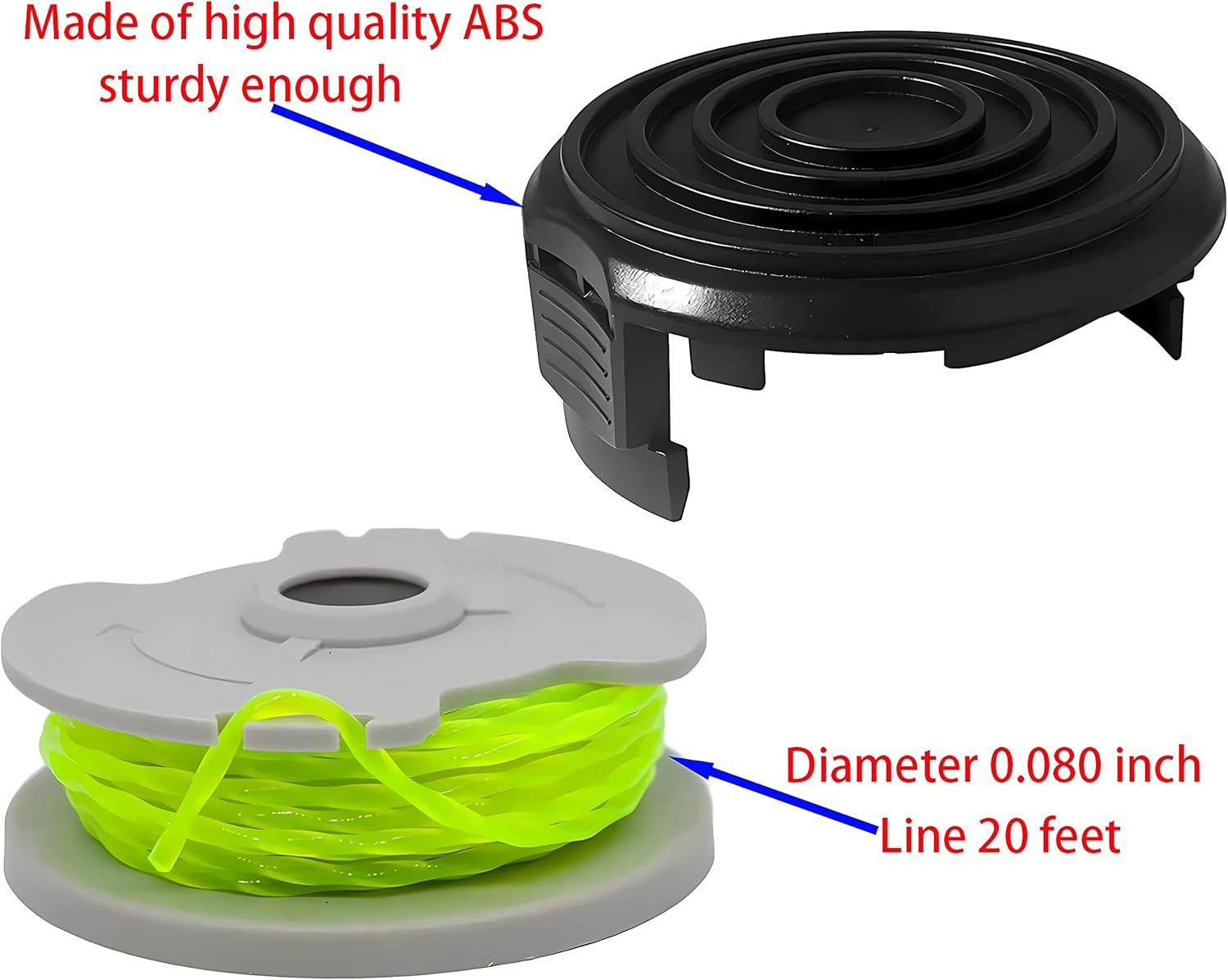 WA0014 Trimmer Line Replacement, for Worx WG168 WG184 WG190 WG191 Weed Eater String Edger - 20 ft 0.080" with WA0037 Cap Covers 8 spools, 2 Cap