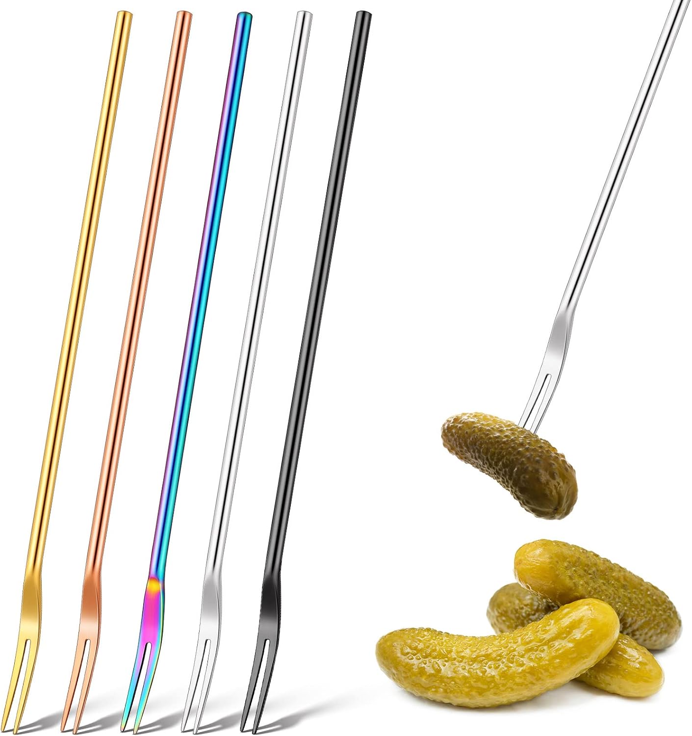 5 Pcs Pickle Fork, 8.66 Inches Long Handle Olive Fork 304 Stainless Steel Picker Grabber Tool for Jar Cocktail Dessert Fruit, 2 Prong Multicolor Multicolor -