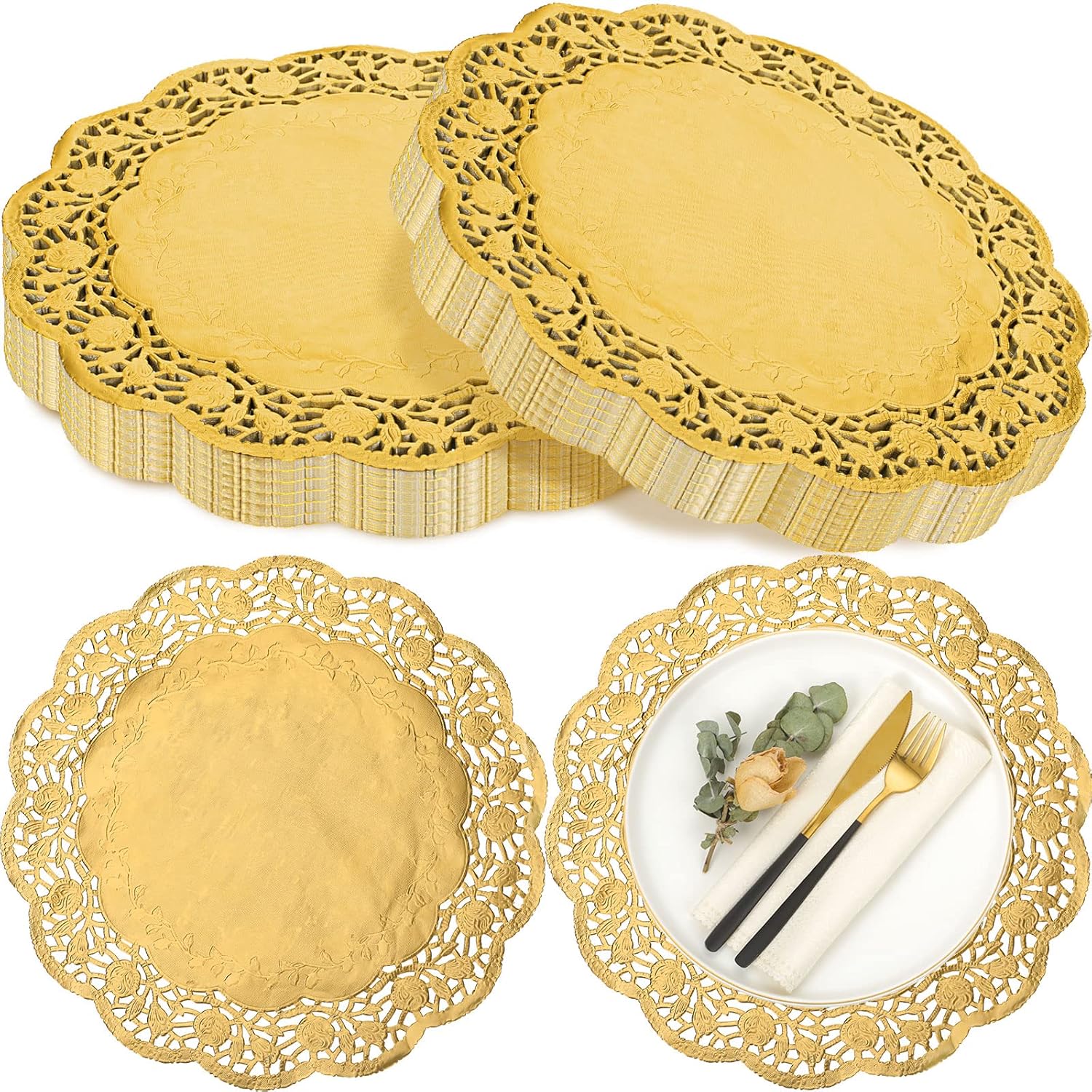 200 Pcs Doilies Lace Paper 14 Inches Disposable Foil Placemats Large Round Pad for Cakes Crafts Wedding Birthday Party Decoration Gold Gold -
