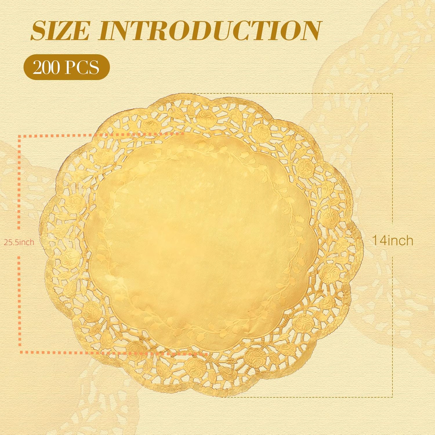 200 Pcs Doilies Lace Paper 14 Inches Disposable Foil Placemats Large Round Pad for Cakes Crafts Wedding Birthday Party Decoration Gold Gold -