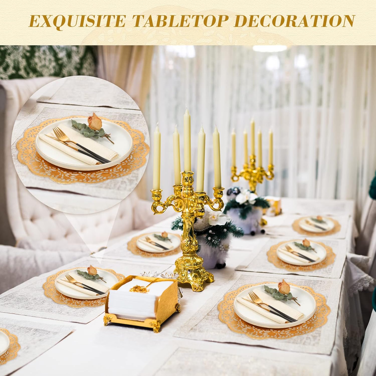 200 Pcs Doilies Lace Paper 14 Inches Disposable Foil Placemats Large Round Pad for Cakes Crafts Wedding Birthday Party Decoration Gold Gold -