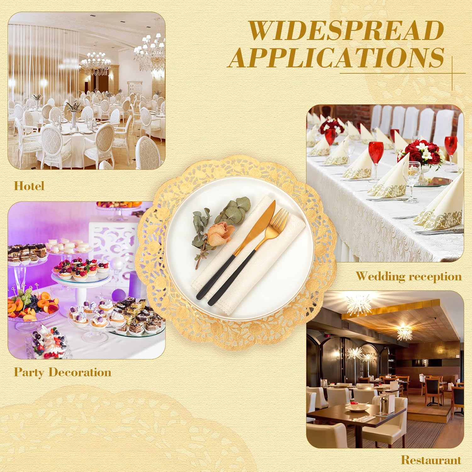 200 Pcs Doilies Lace Paper 14 Inches Disposable Foil Placemats Large Round Pad for Cakes Crafts Wedding Birthday Party Decoration Gold Gold -