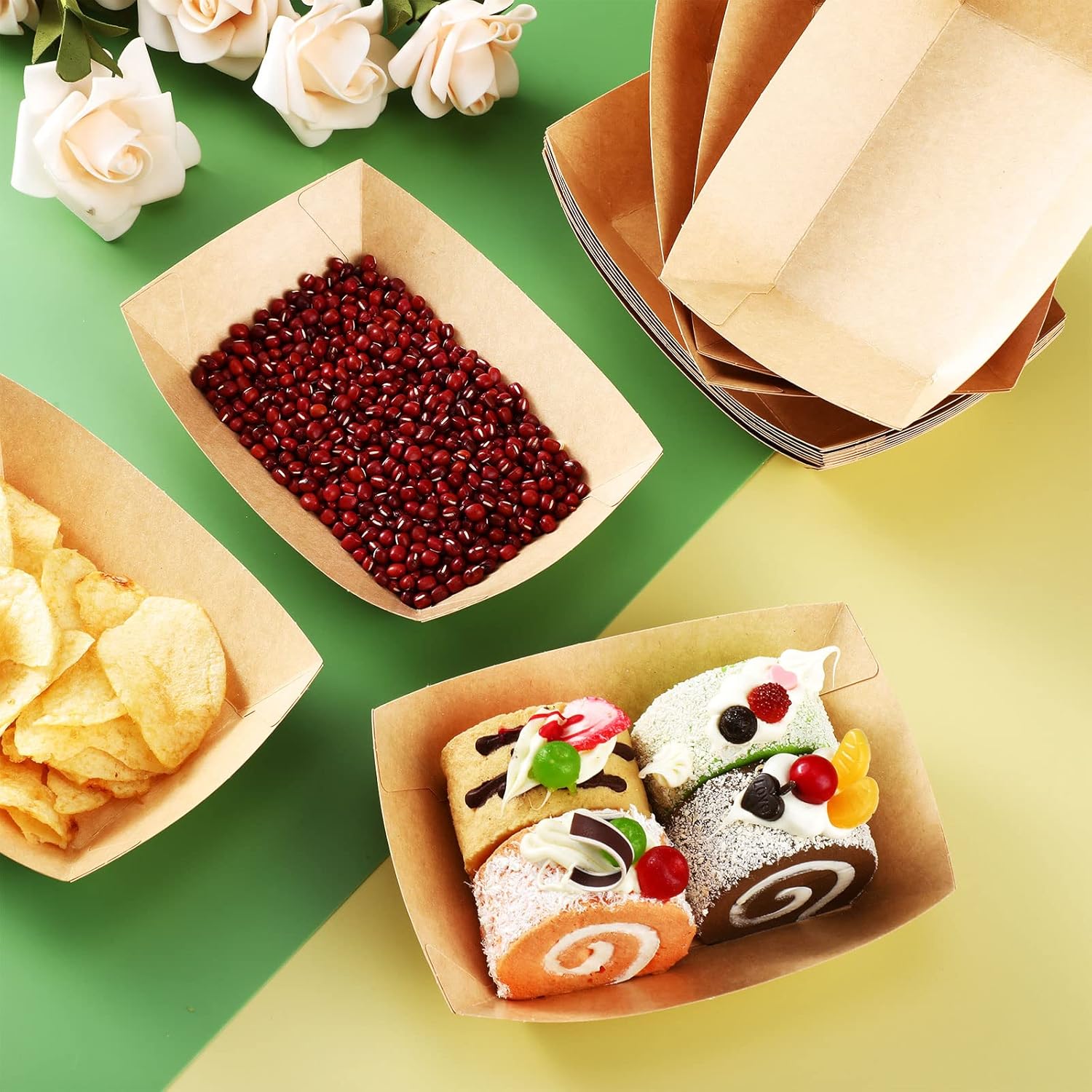 300 Pack 2 lb Paper Food Boats Trays, Heavy Duty, Oil Resistant Disposable Boat for Foods, Hot Dogs, Snacks Meals Leak Proof Kraft Serving Party Picnic Camping Wedding -