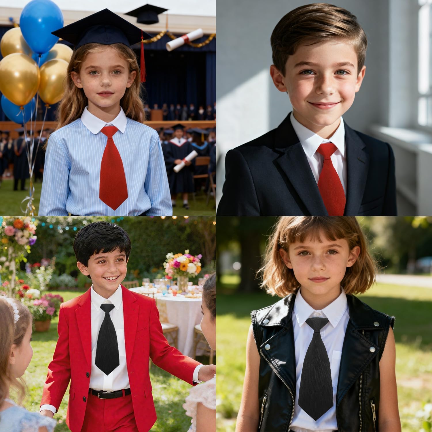 Boys Pre-Tied Adjustable Necktie, Design for Kids & Teens, School Uniform Tie Wedding Graduation Formal Wear Black