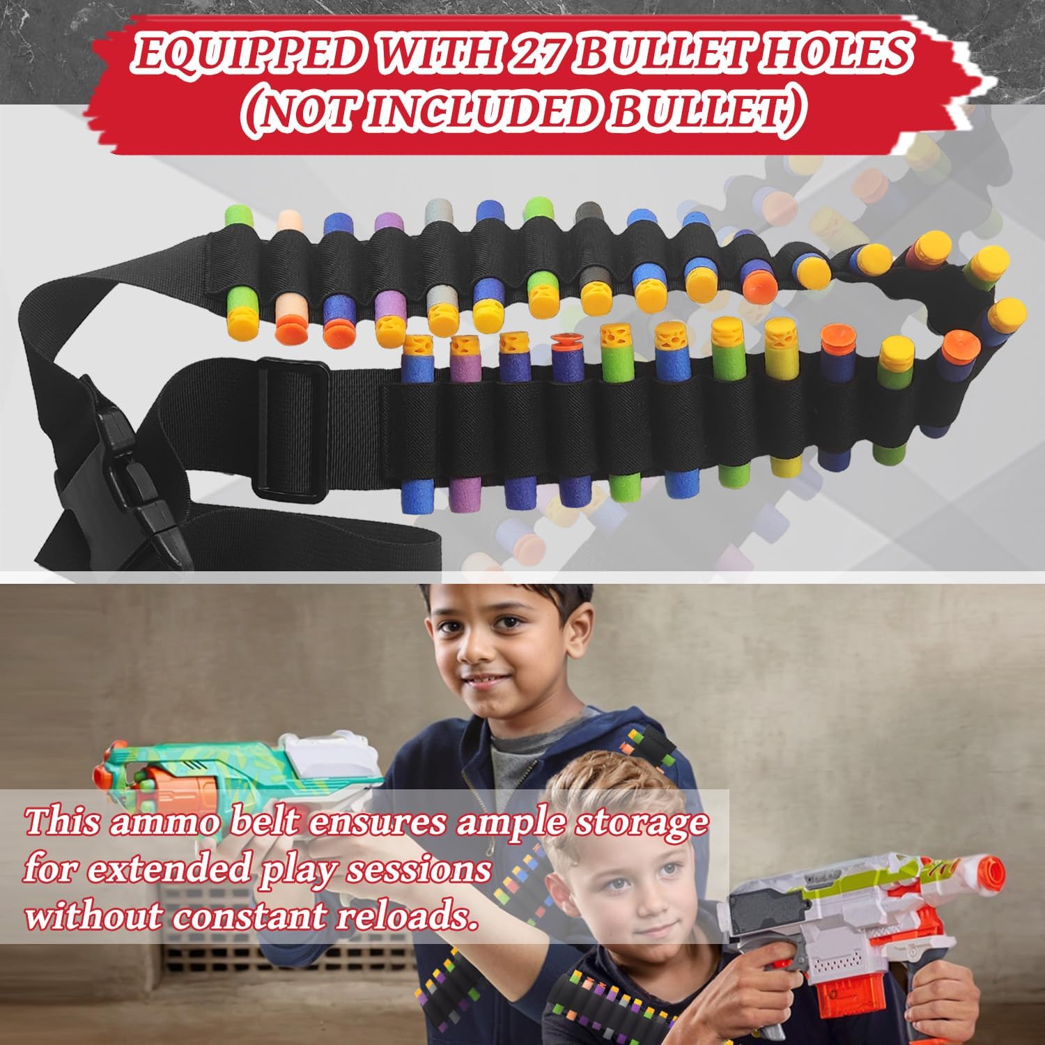 Adjustable Nylon Foam Dart Belt Strap Quick Release Buckle 27 Bullet Holes, Compatible for NERF Mega & N-Strike Elite Series, Ideal Boys Girls Gifts, Outdoor Play Black