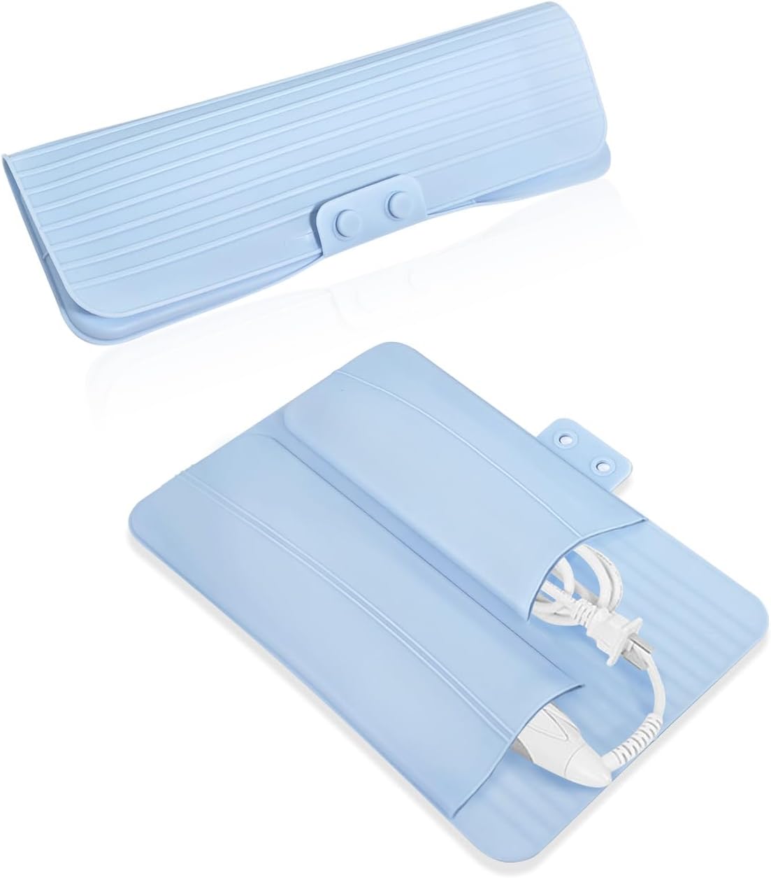 2-in-1 Heat Resistant Silicone Mat Travel Case, Soft Folding Storage Bag with 2 Pockets for Curling Iron, Flat Hair Straightener Non-Slip, Portable Hot Styling Tools Blue
